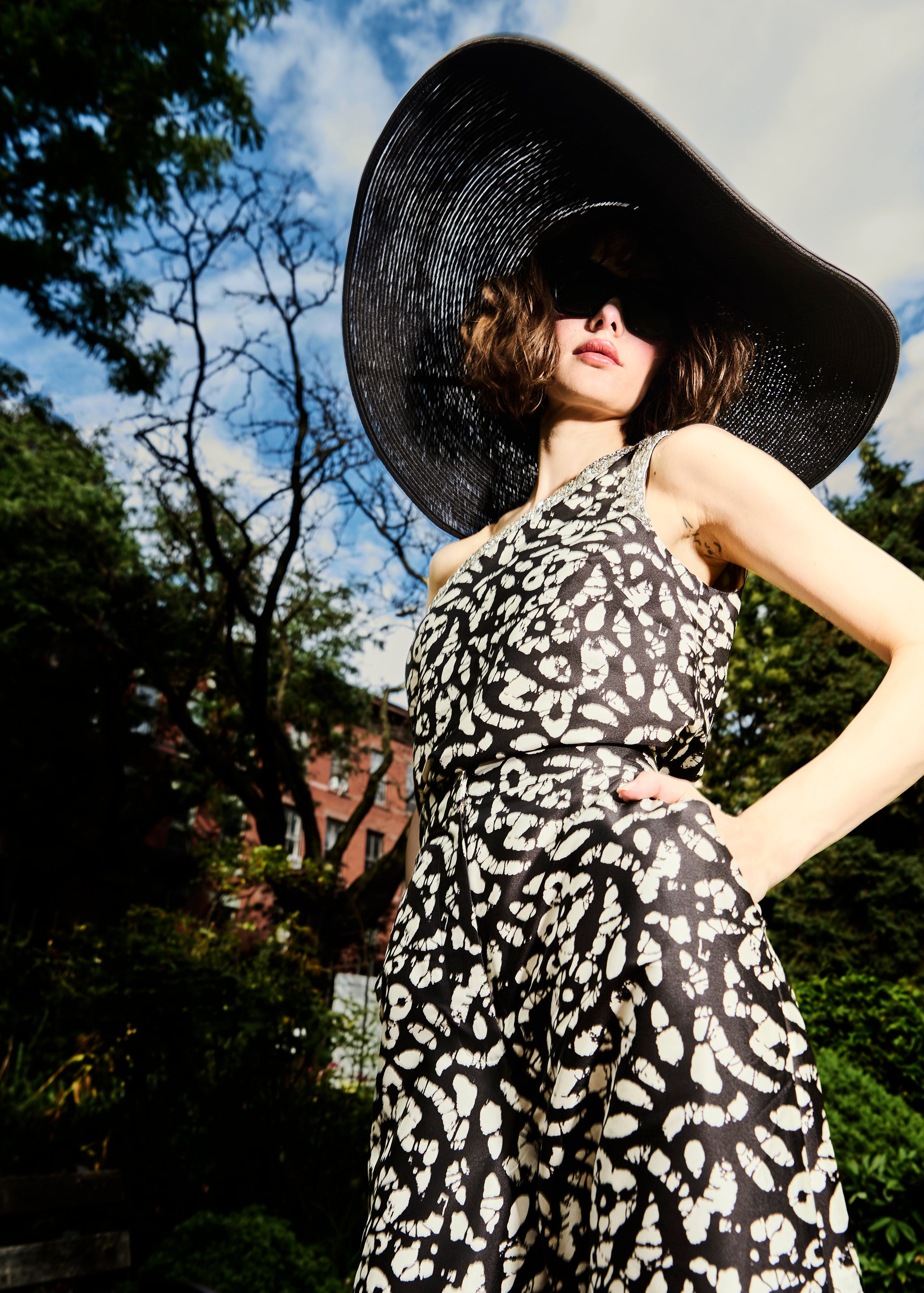 CRYSTAL TRIMMED ONE SHOULDER GRAPHIC PRINT BLOUSE IN BATIK PRINT