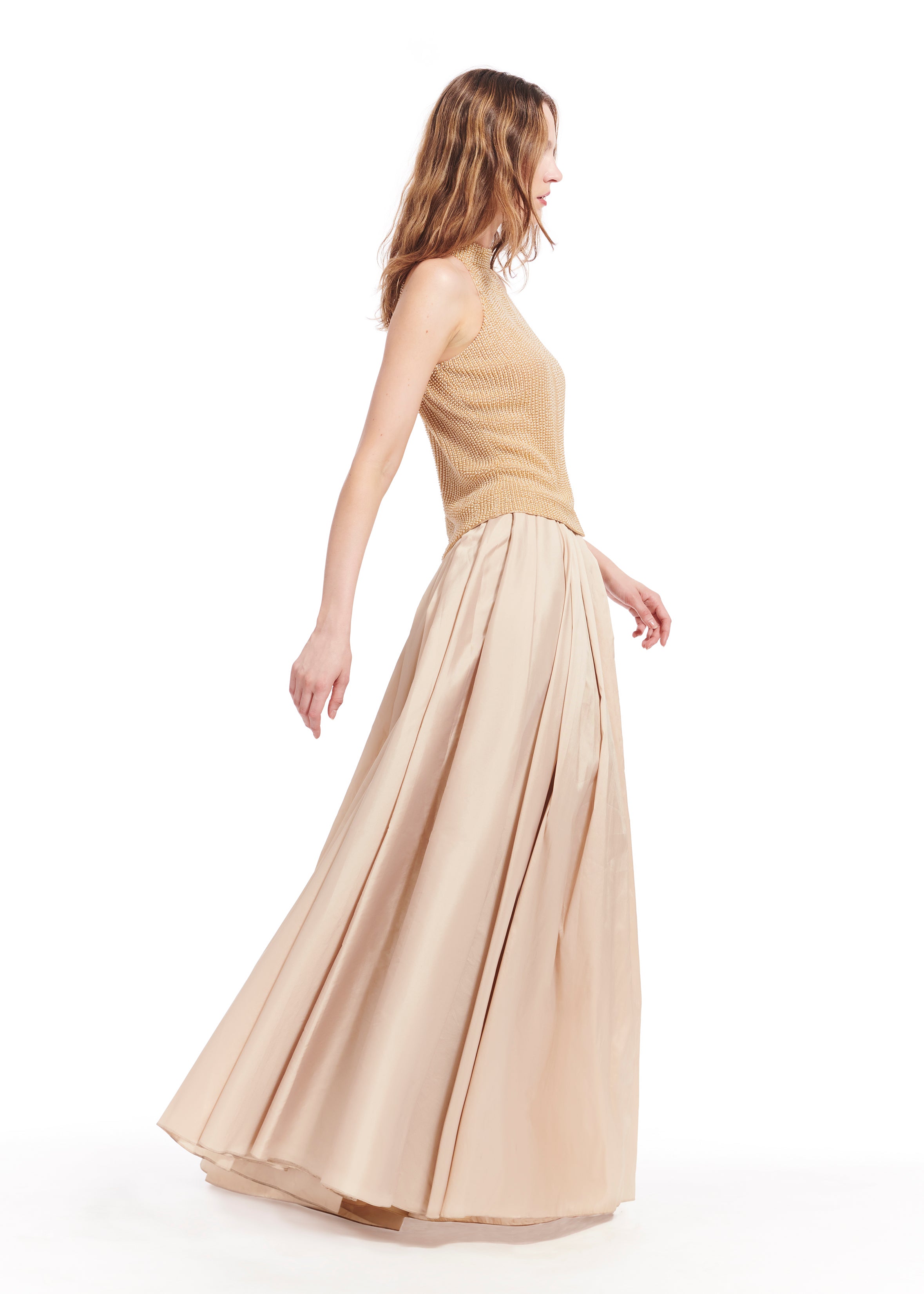 CHAMPAGNE PEARL ENCRUSTED SLEEVELESS MOCK NECK