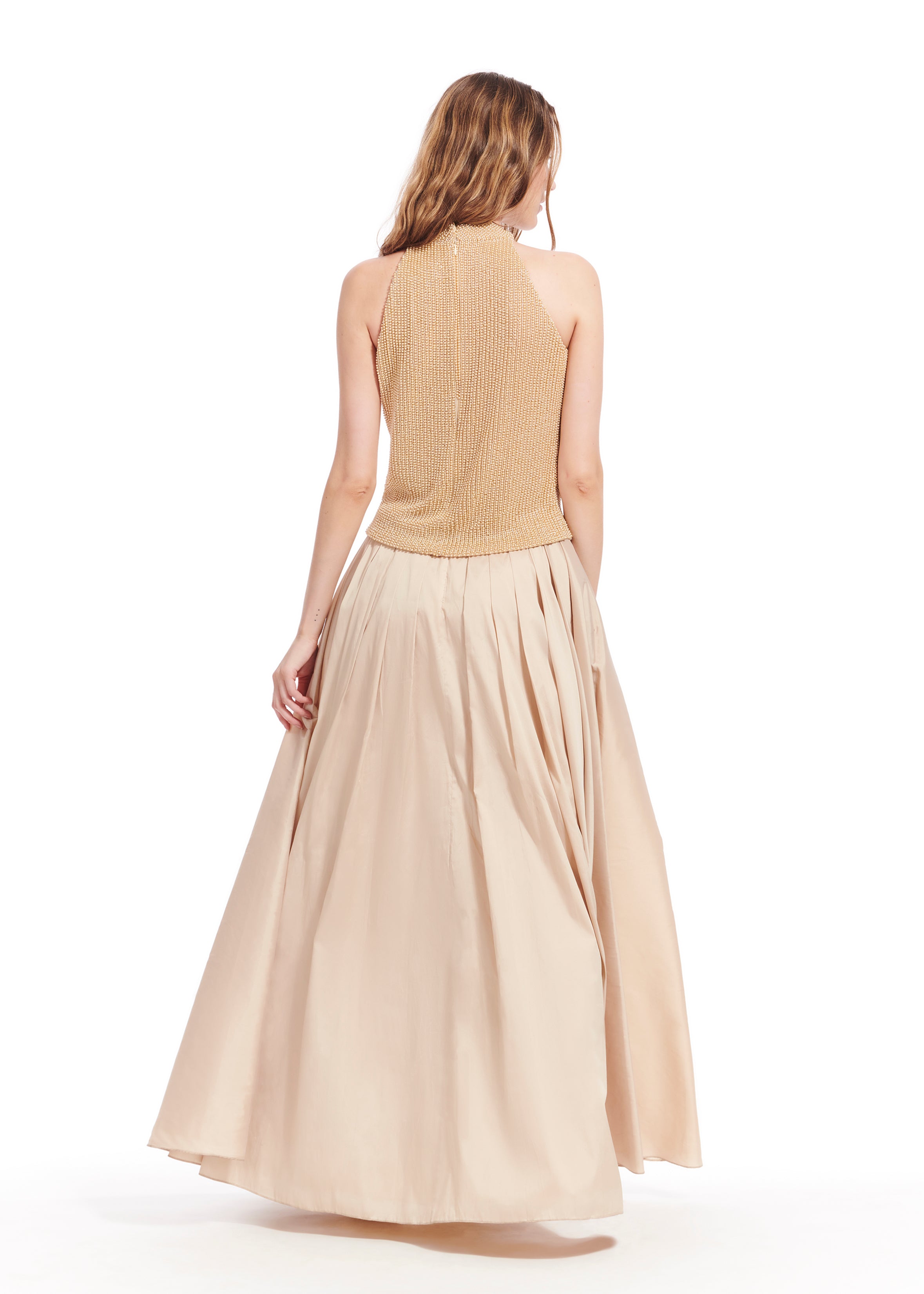 CHAMPAGNE PEARL ENCRUSTED SLEEVELESS MOCK NECK