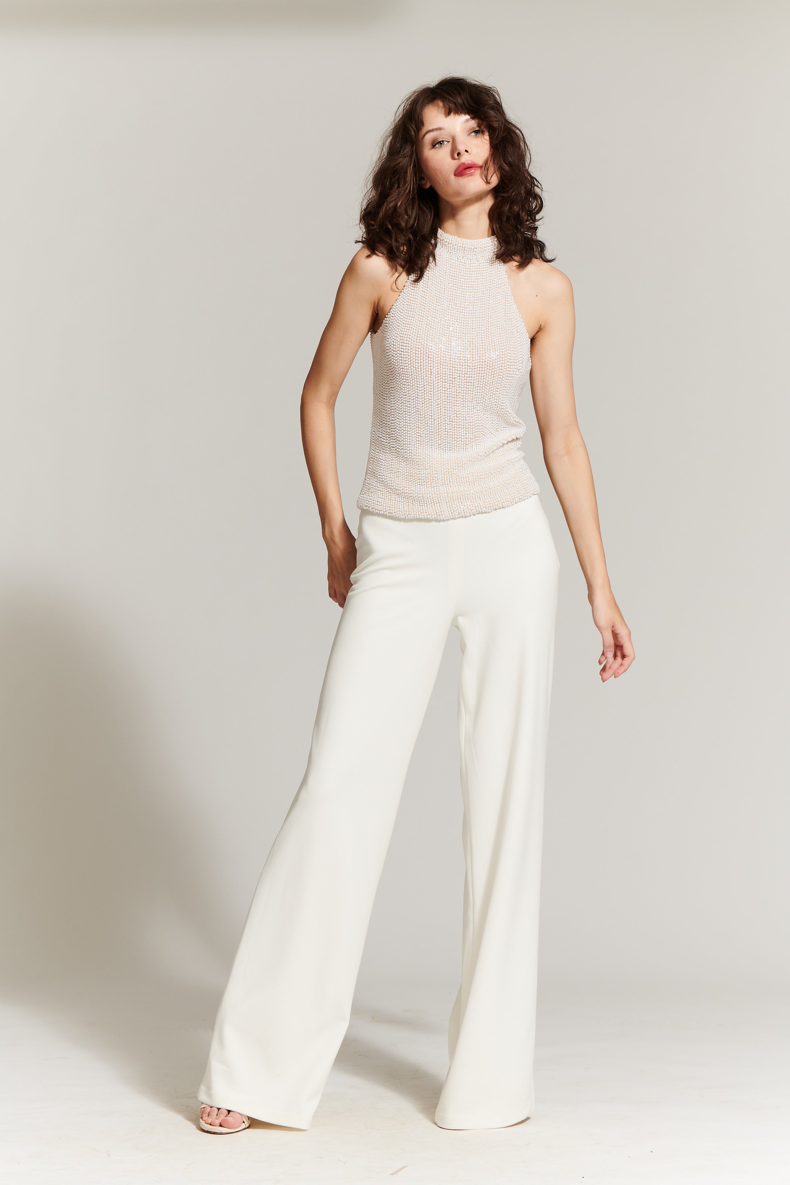 PEARL ENCRUSTED SLEEVELESS MOCK NECK IVORY