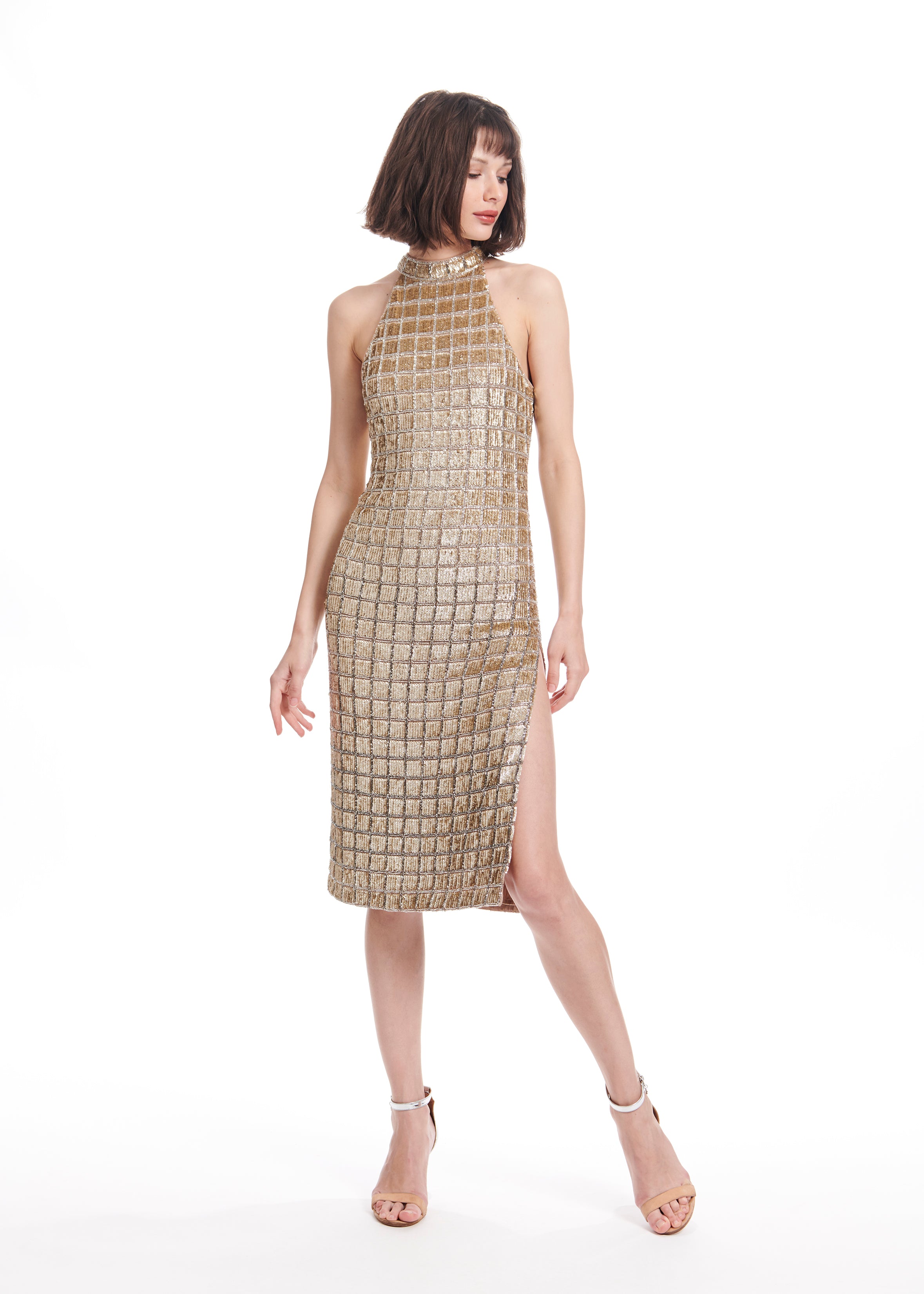 WINDOWPANE SEQUIN MOCK-NECK DRESS GOLD