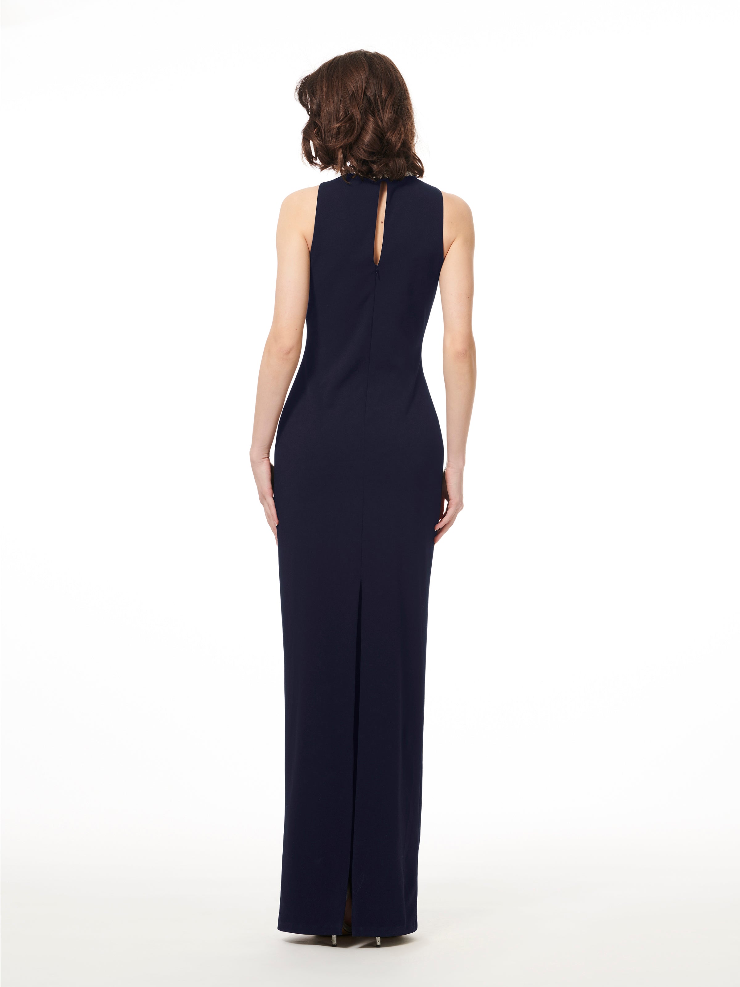 BRAIDED NECK STRETCH CREPE GOWN BLACK