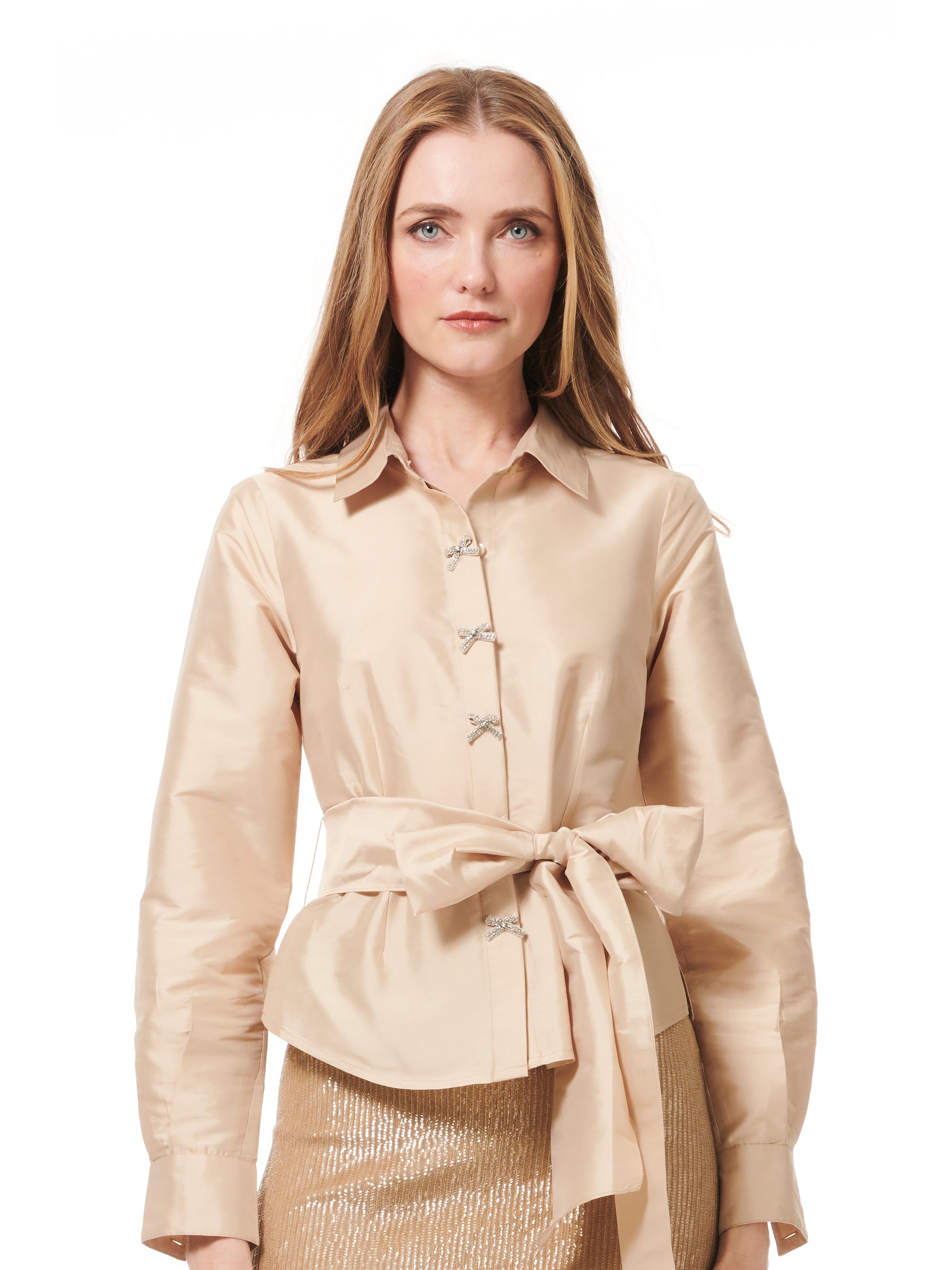 TAFFETA BLOUSE WITH CRYSTAL BOW BUTTONS AND SASH IVORY