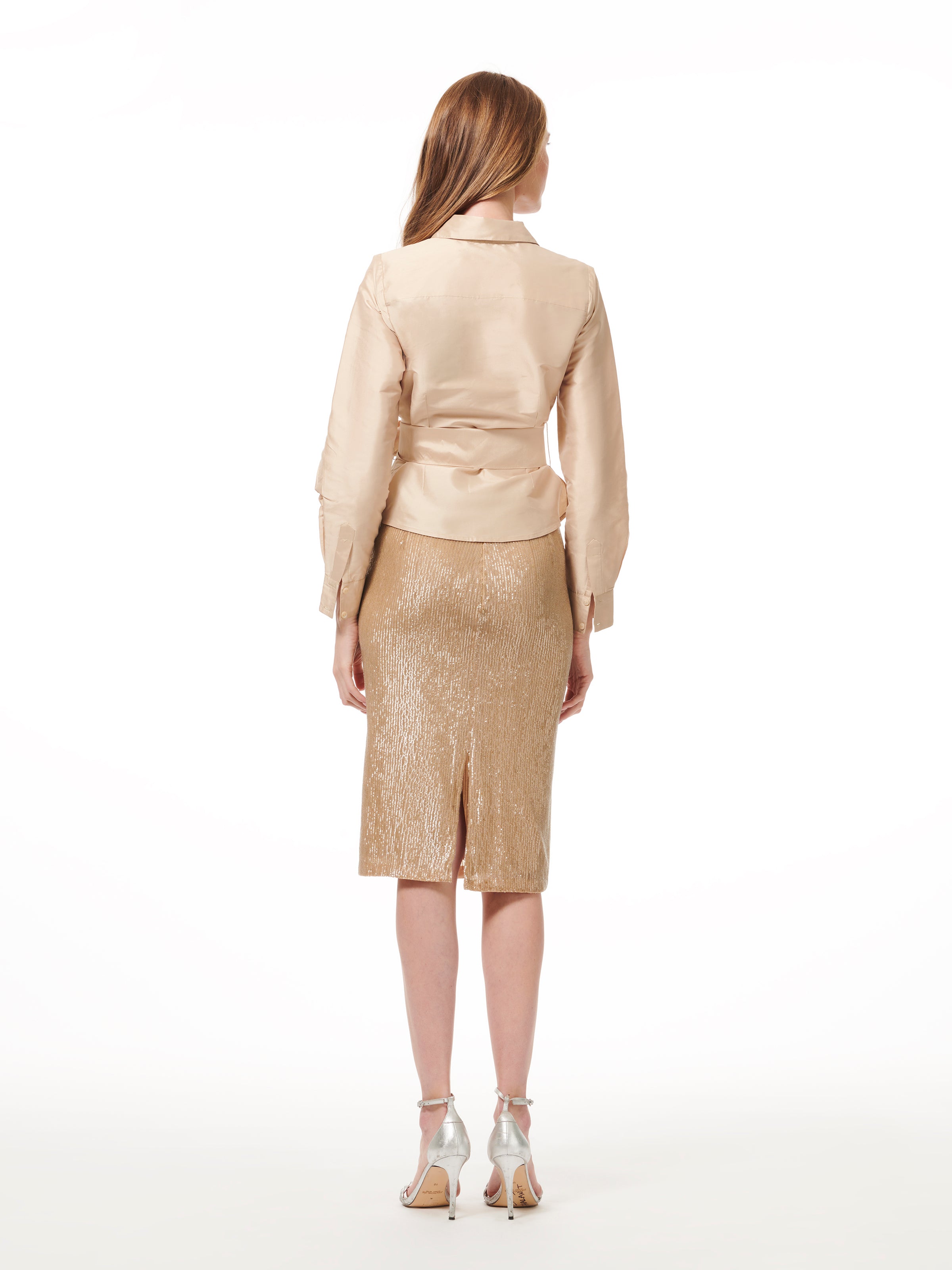 TAFFETA BLOUSE WITH CRYSTAL BOW BUTTONS AND SASH IVORY