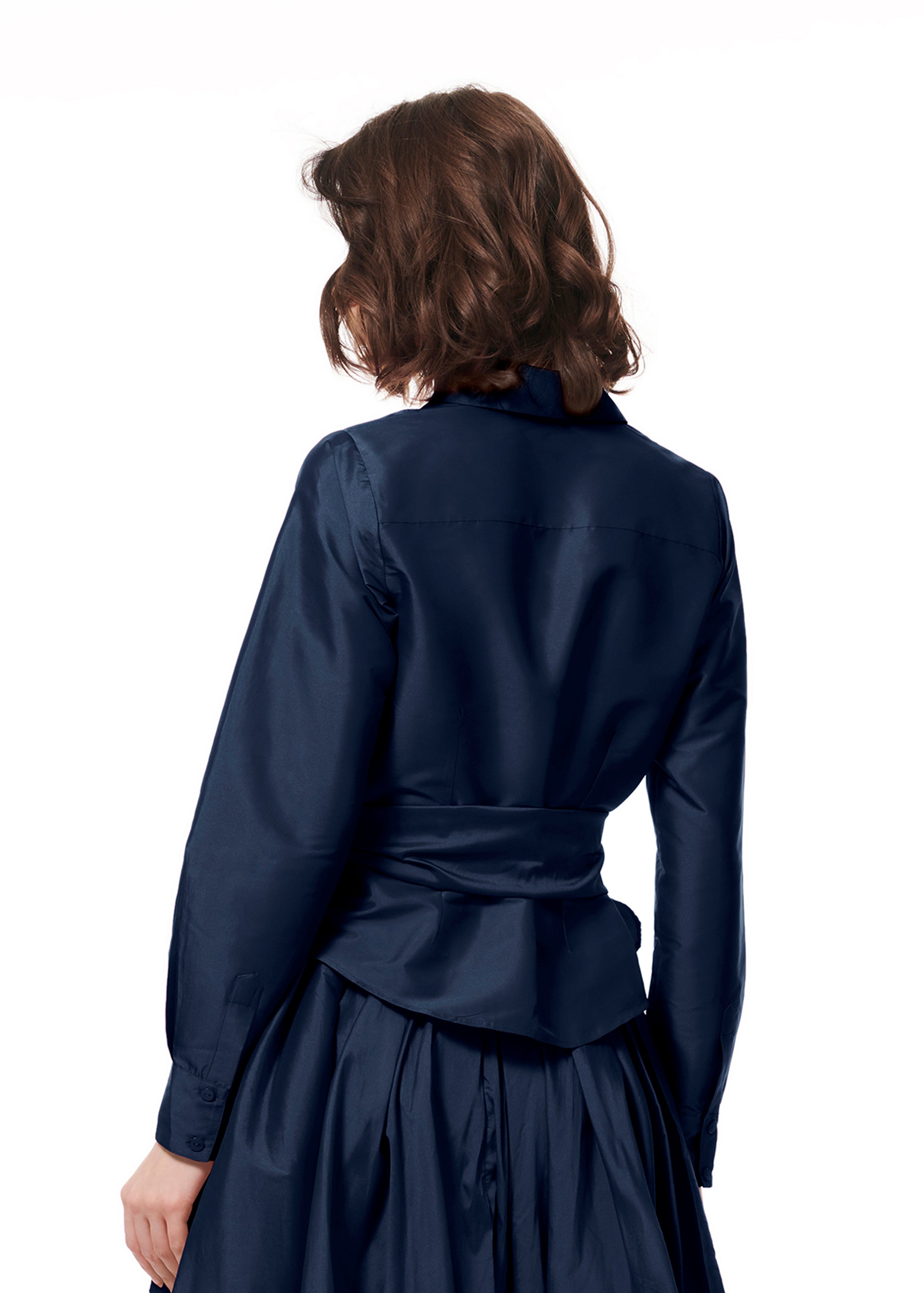 TAFFETA BLOUSE WITH CRYSTAL BOW BUTTONS AND SASH NAVY