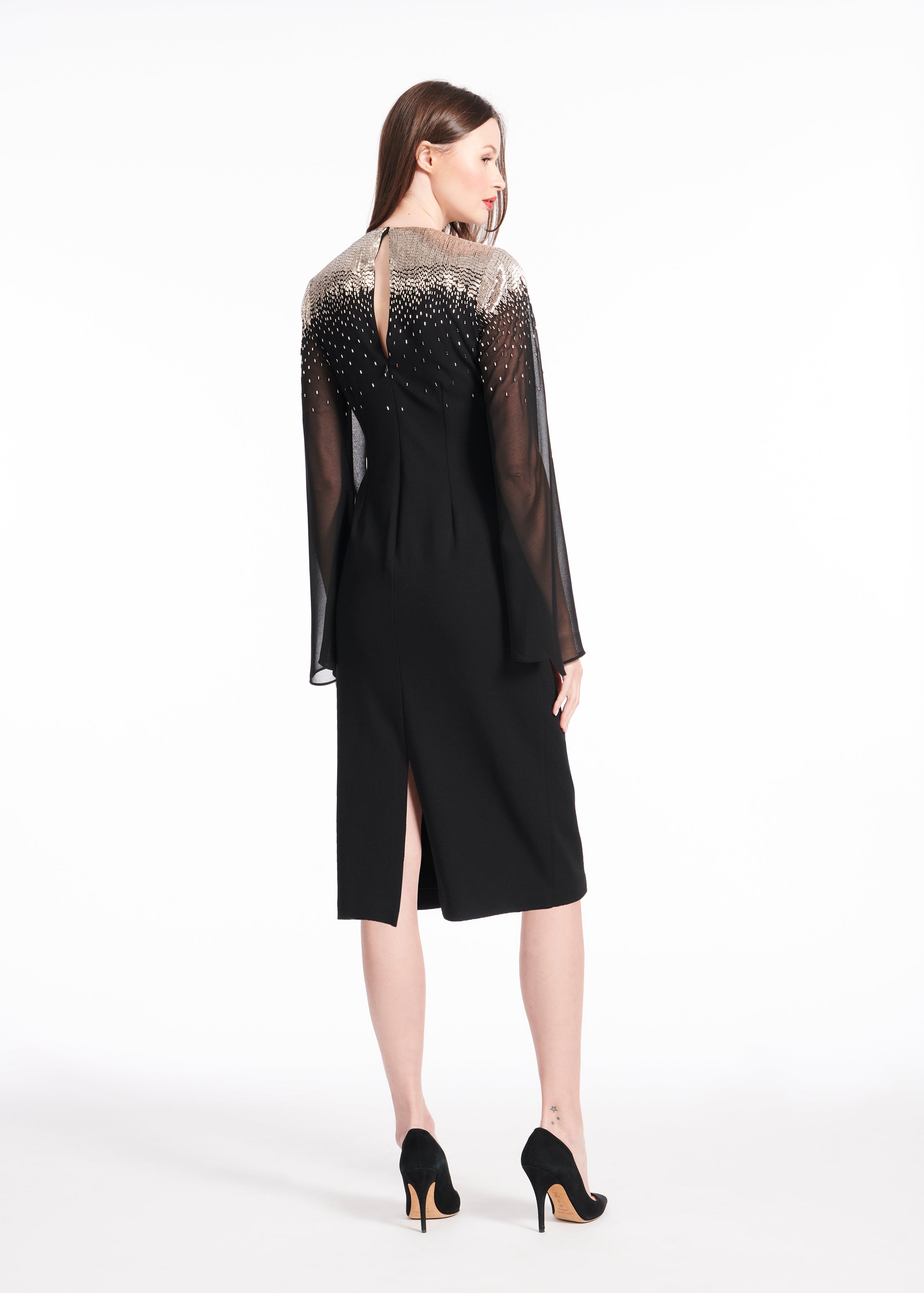 STRETCH CREPE DRESS WITH CHIFFON SLEEVES AND NIGHT SKY BEADING