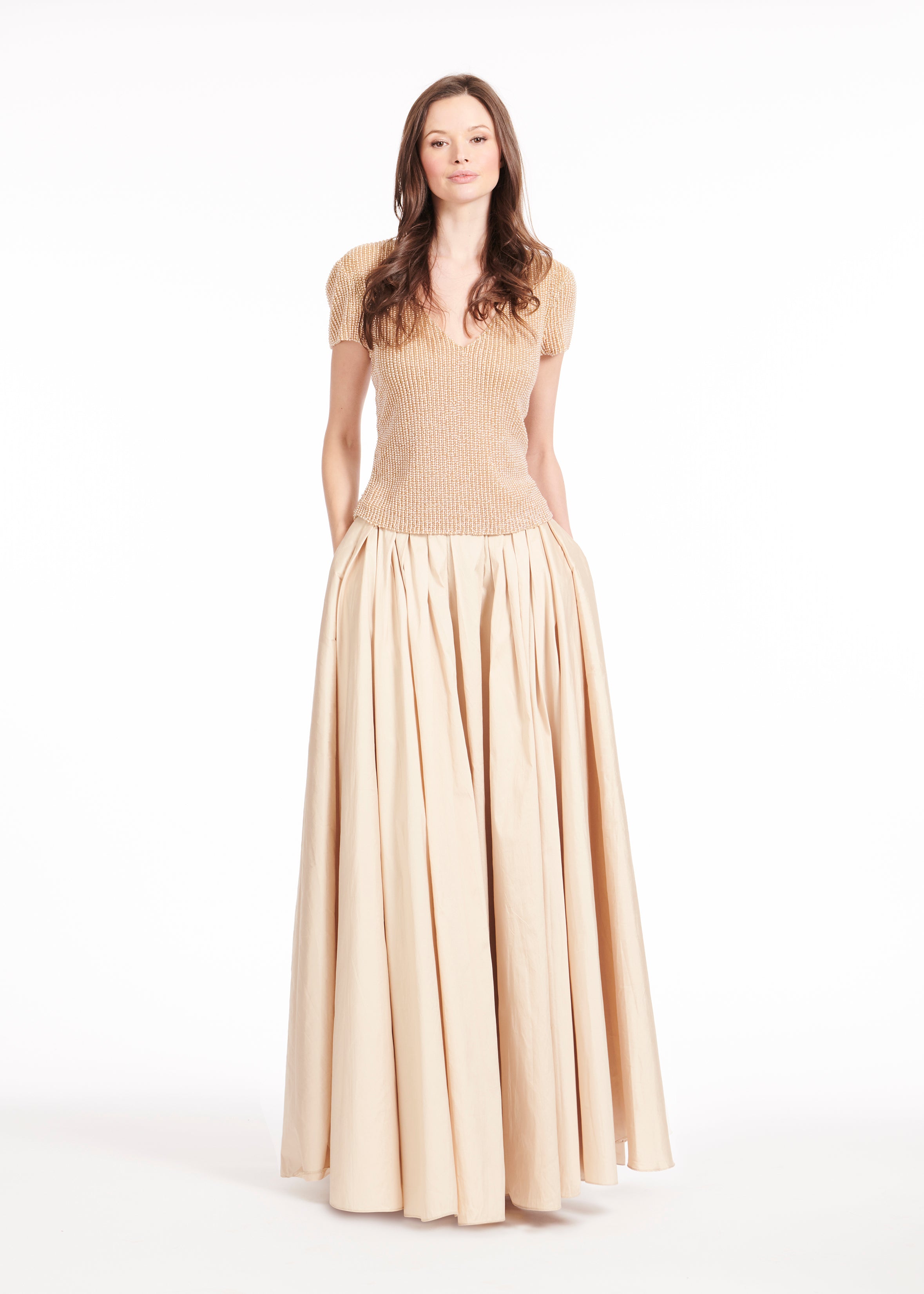 STRETCH PEARL BEADED V-NECK TOP CHAMPAGNE