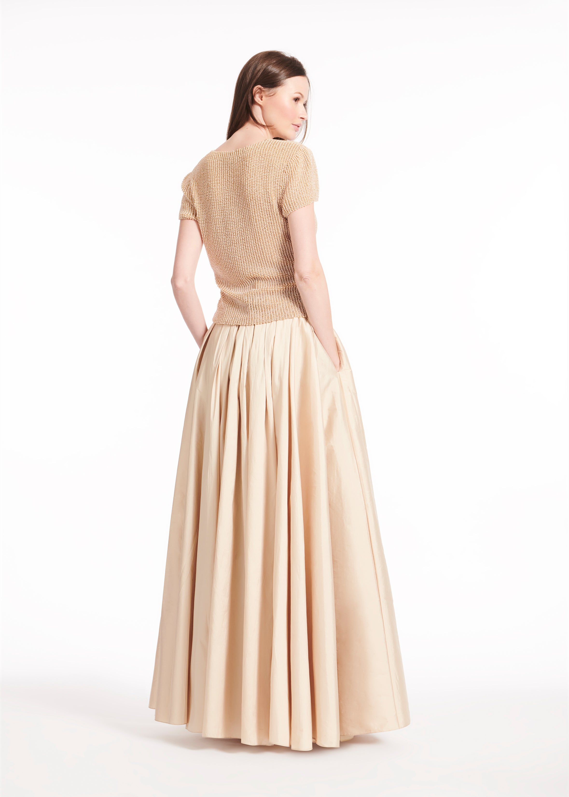 STRETCH PEARL BEADED V-NECK TOP CHAMPAGNE