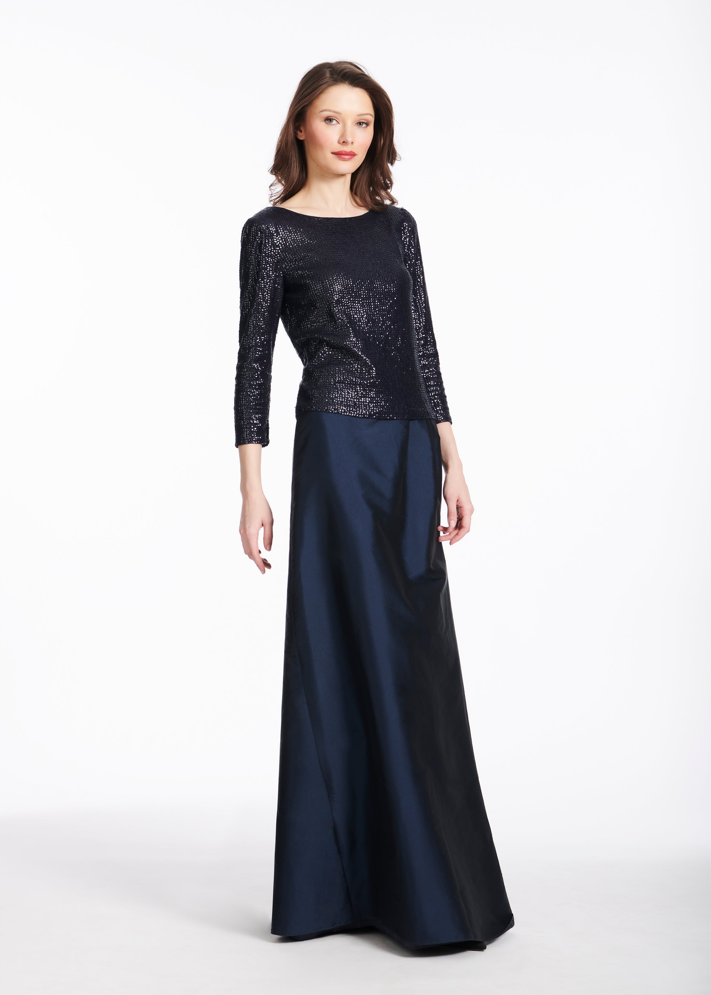 STRETCH SEQUIN 3/4 SLEEVE BALLET NECK TOP NAVY