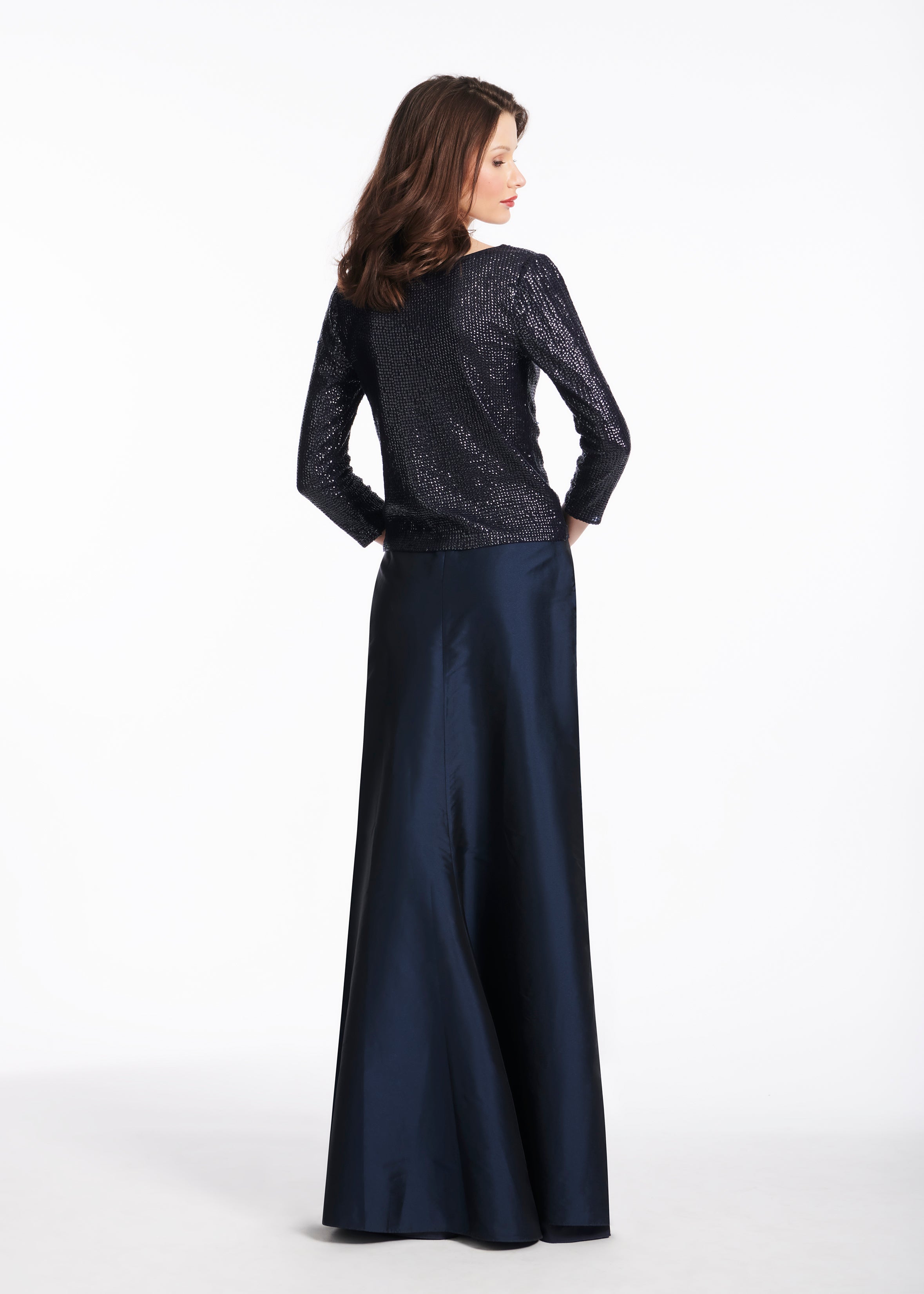 STRETCH SEQUIN 3/4 SLEEVE BALLET NECK TOP NAVY