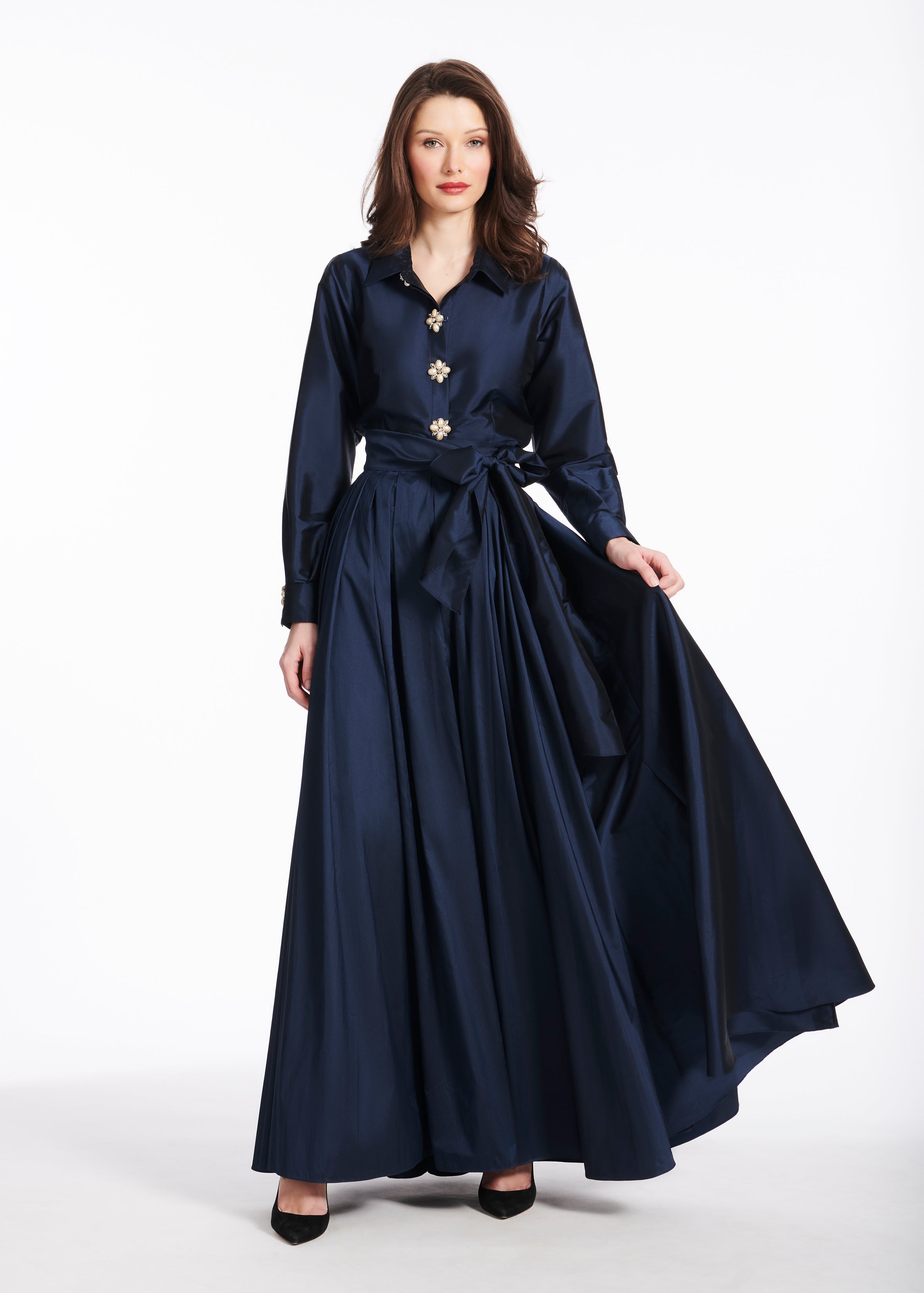 TAFFETA BLOUSE WITH RENAISSANCE PEARL BUTTONS NAVY