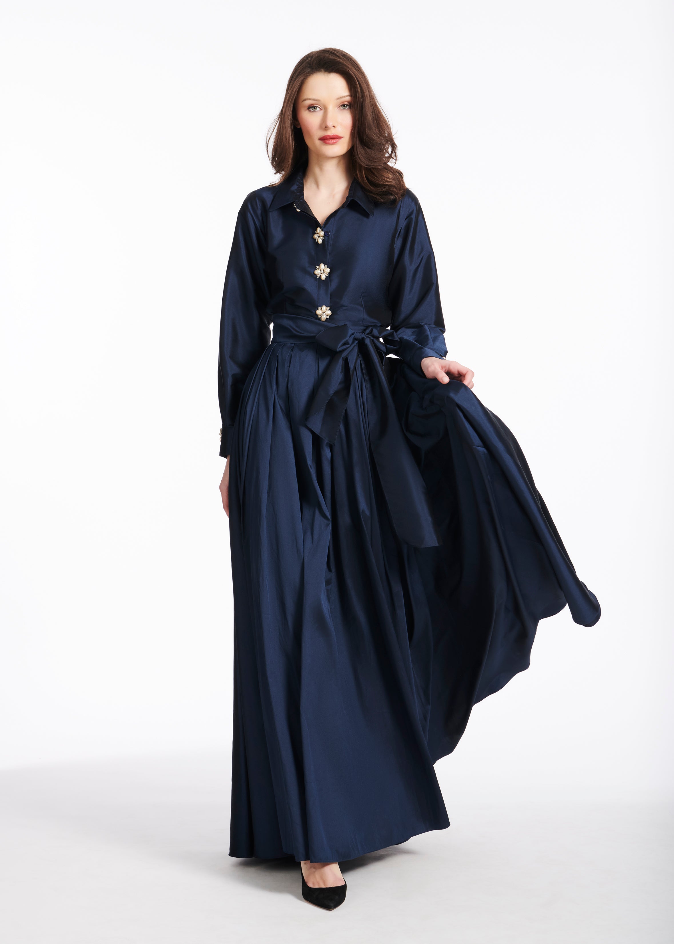 TAFFETA BLOUSE WITH RENAISSANCE PEARL BUTTONS NAVY