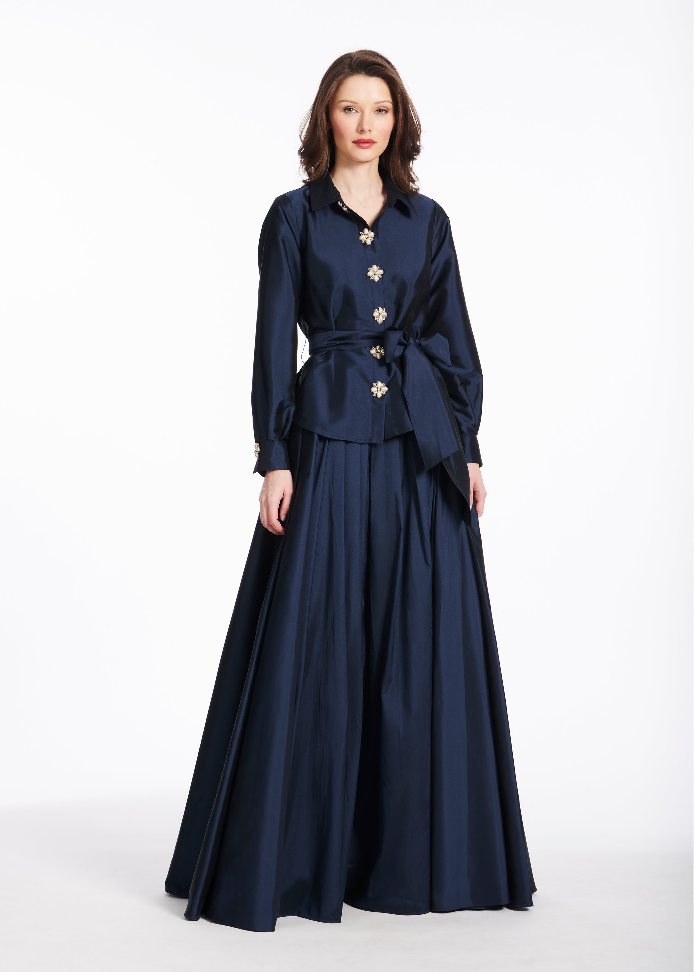 TAFFETA BLOUSE WITH RENAISSANCE PEARL BUTTONS NAVY