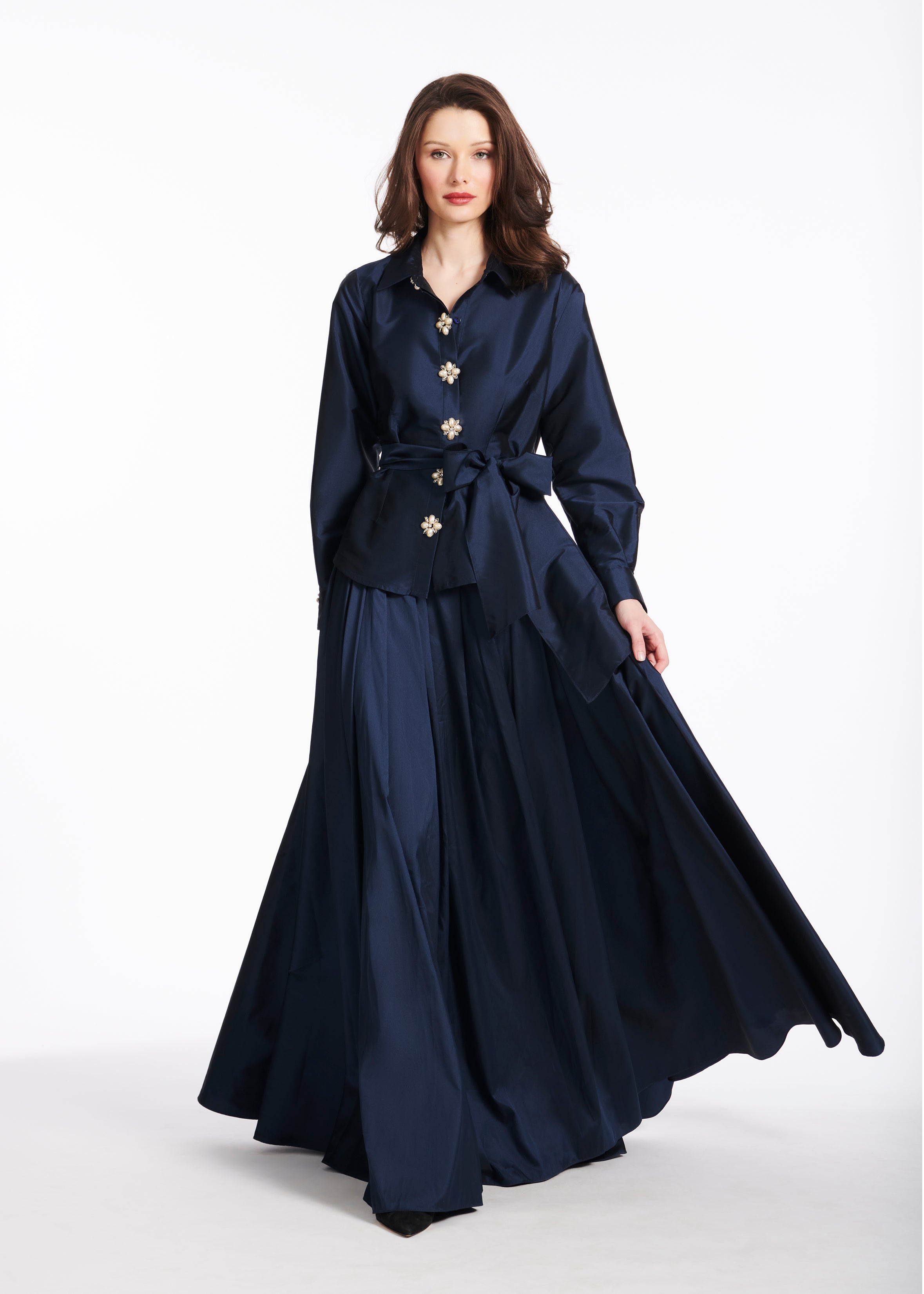 TAFFETA BLOUSE WITH RENAISSANCE PEARL BUTTONS NAVY