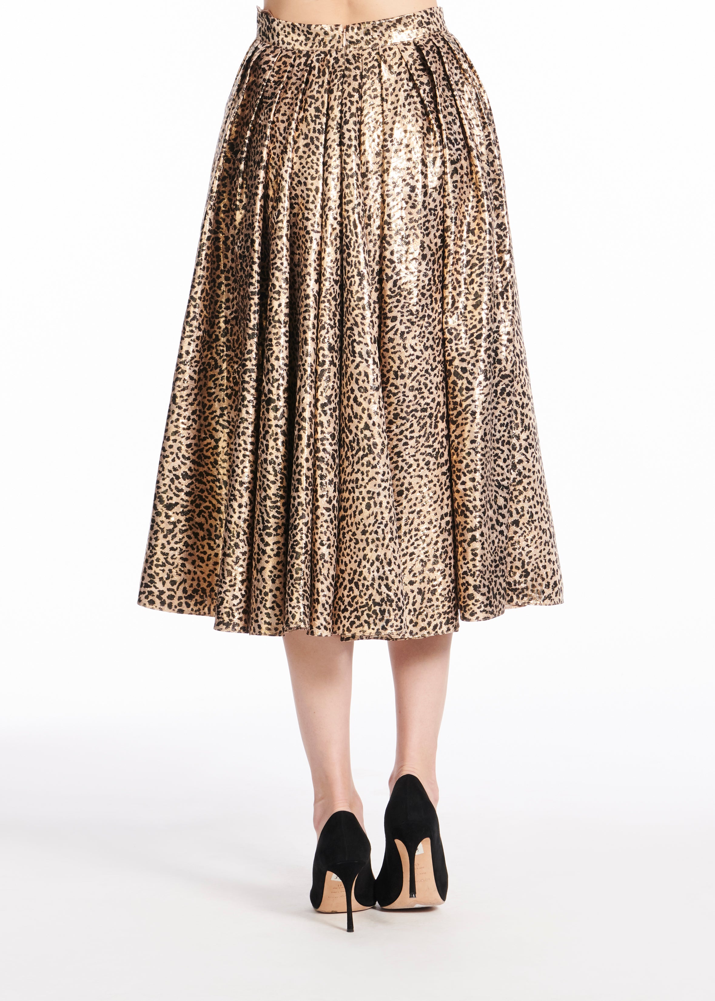 ANIMAL PRINT METALLIC JACQUARD TEA LENGTH SKIRT