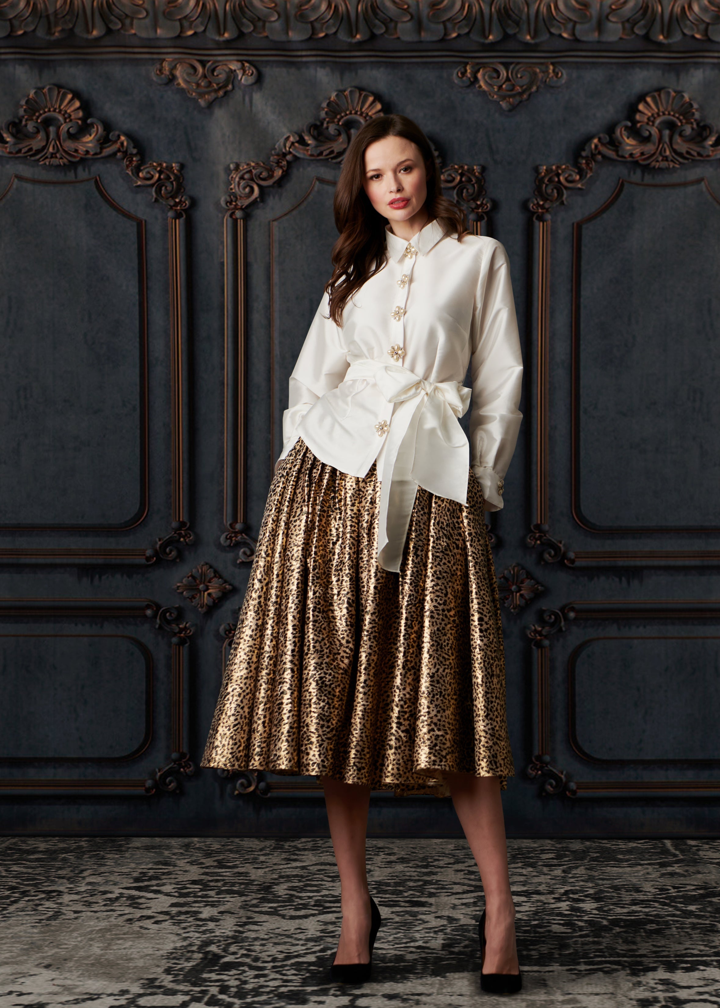 ANIMAL PRINT METALLIC JACQUARD TEA LENGTH SKIRT
