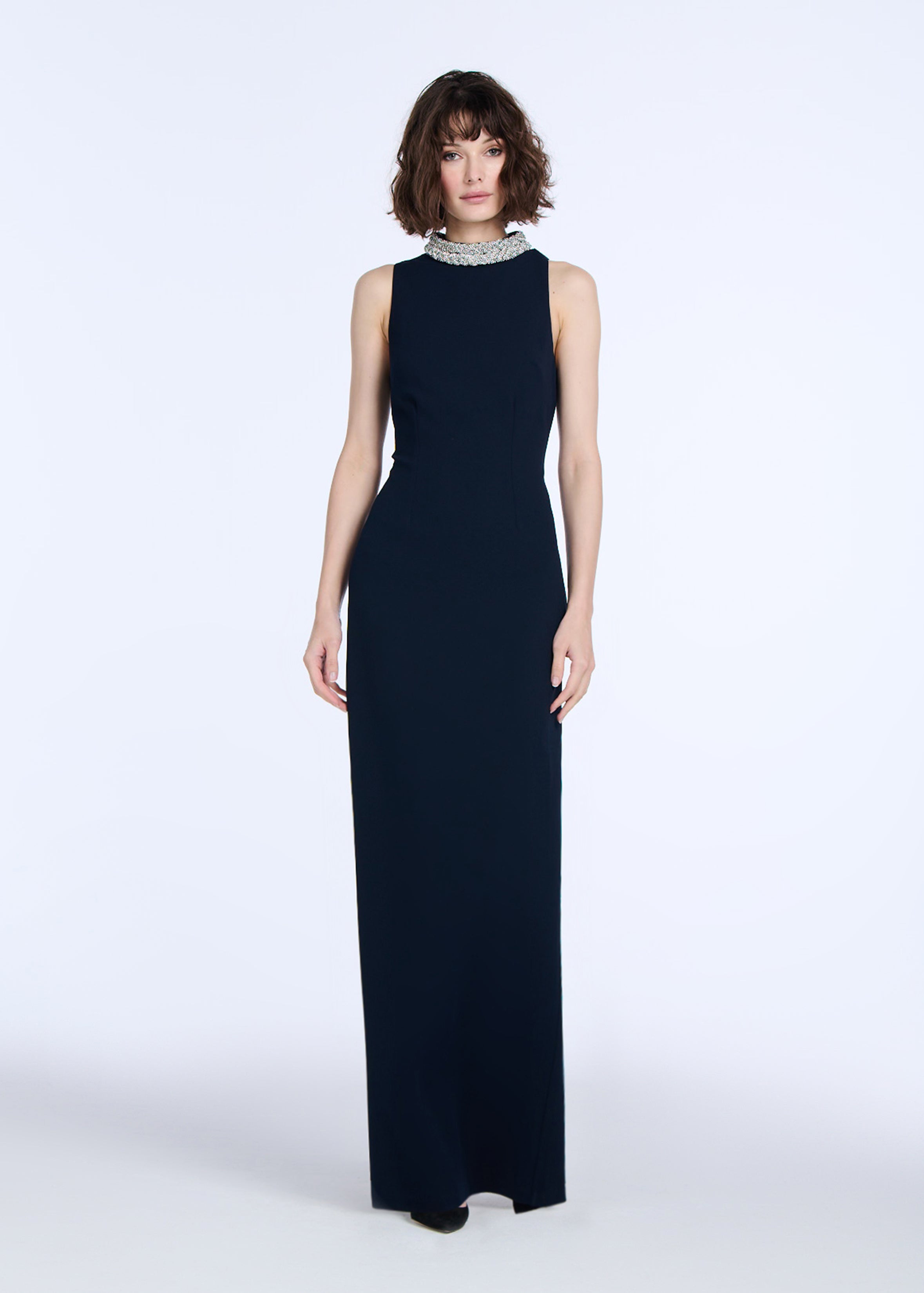 BRAIDED CRYSTAL MOCK NECK STRETCH CREPE GOWN MIDNIGHT