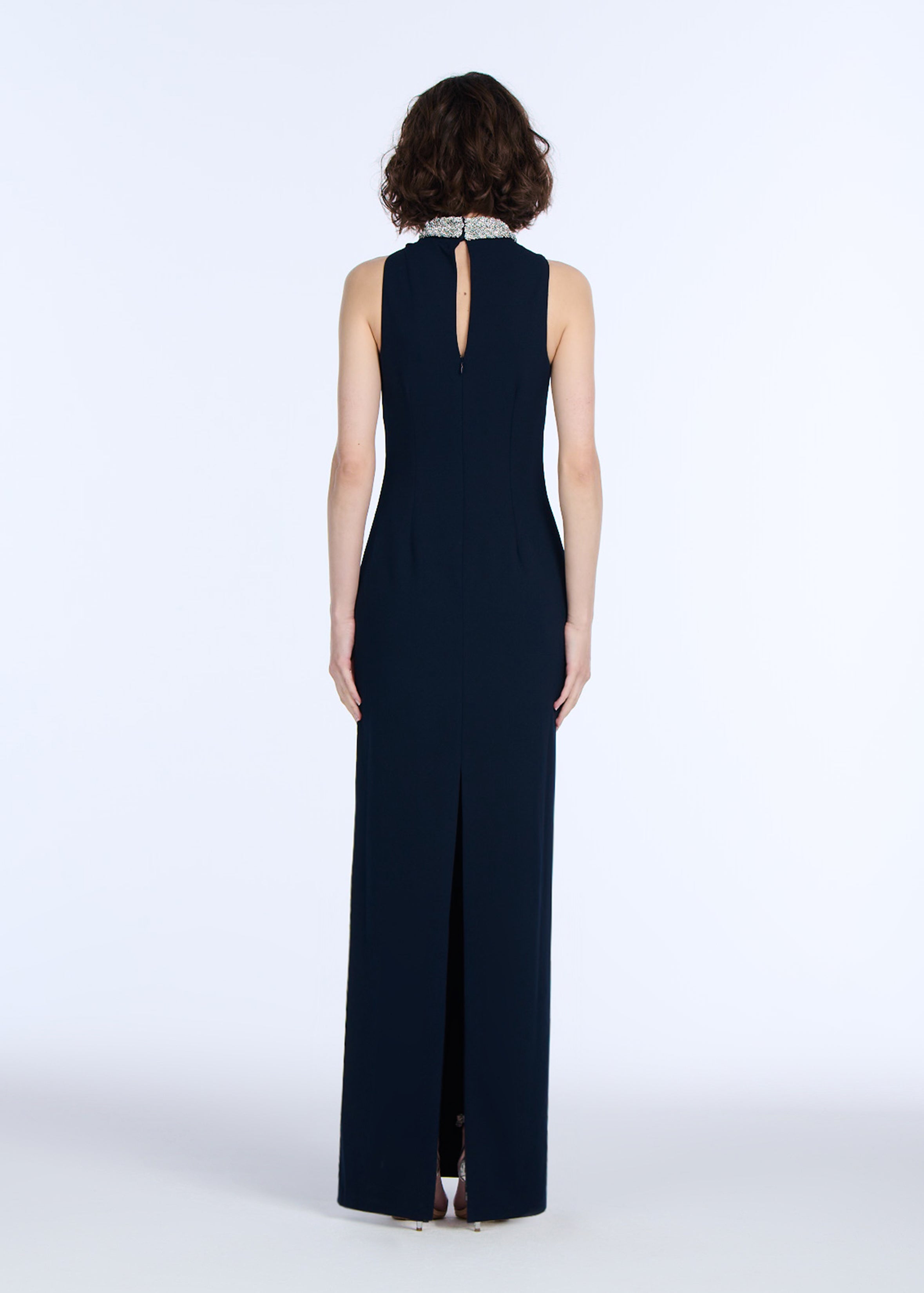 BRAIDED CRYSTAL MOCK NECK STRETCH CREPE GOWN MIDNIGHT