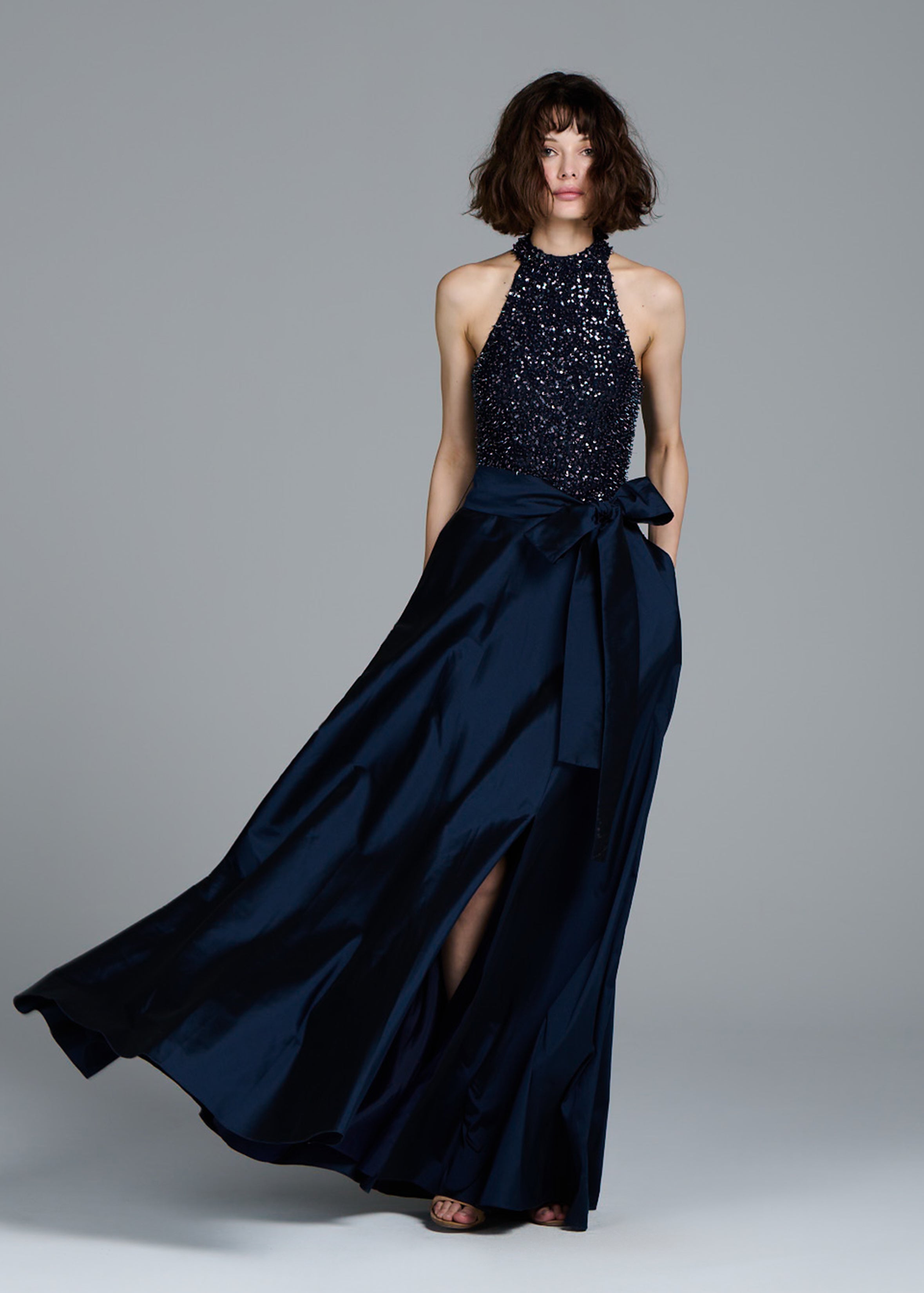 STRETCH GLASS BEADED MOCK NECK GOWN WITH TAFFETA SKIRT NAVY