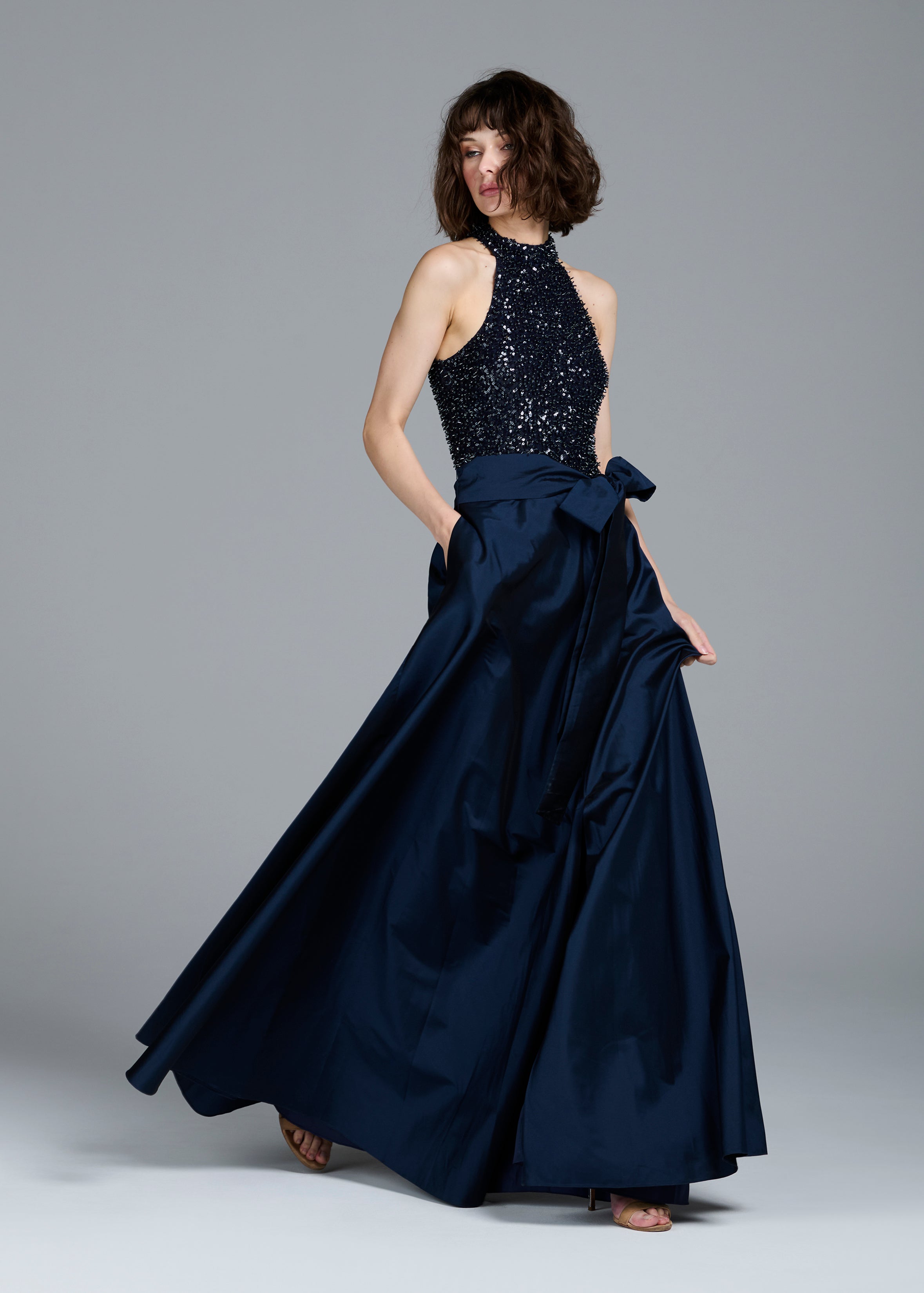 STRETCH GLASS BEADED MOCK NECK GOWN WITH TAFFETA SKIRT NAVY