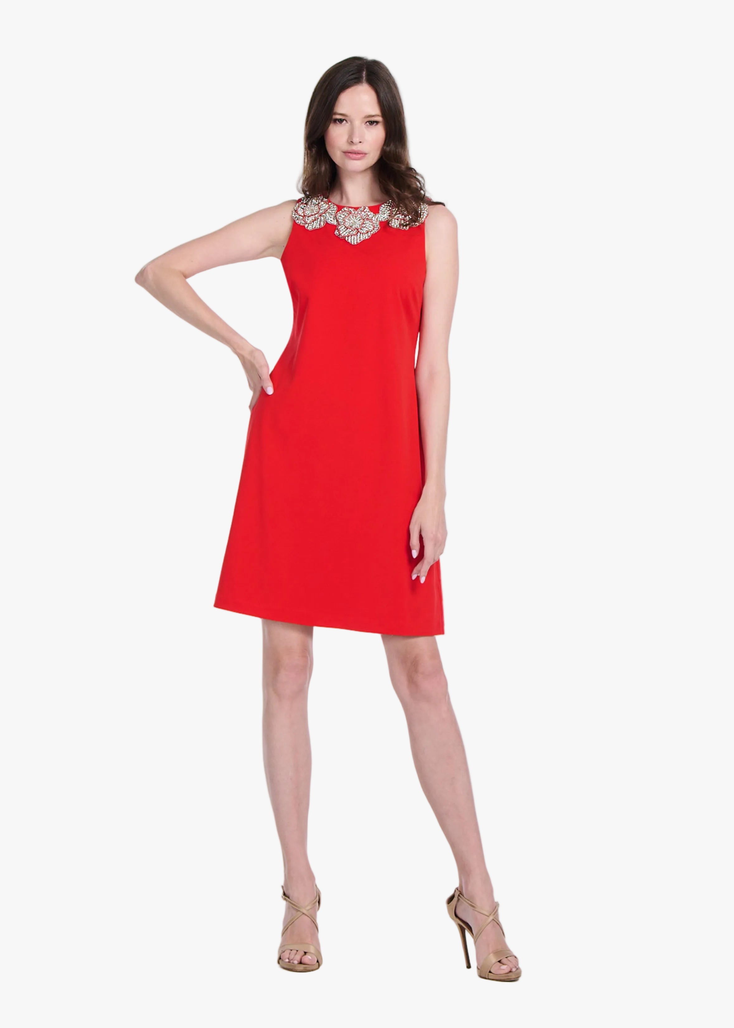 CRYSTAL FLORAL NECK SHIFT DRESS BLACK