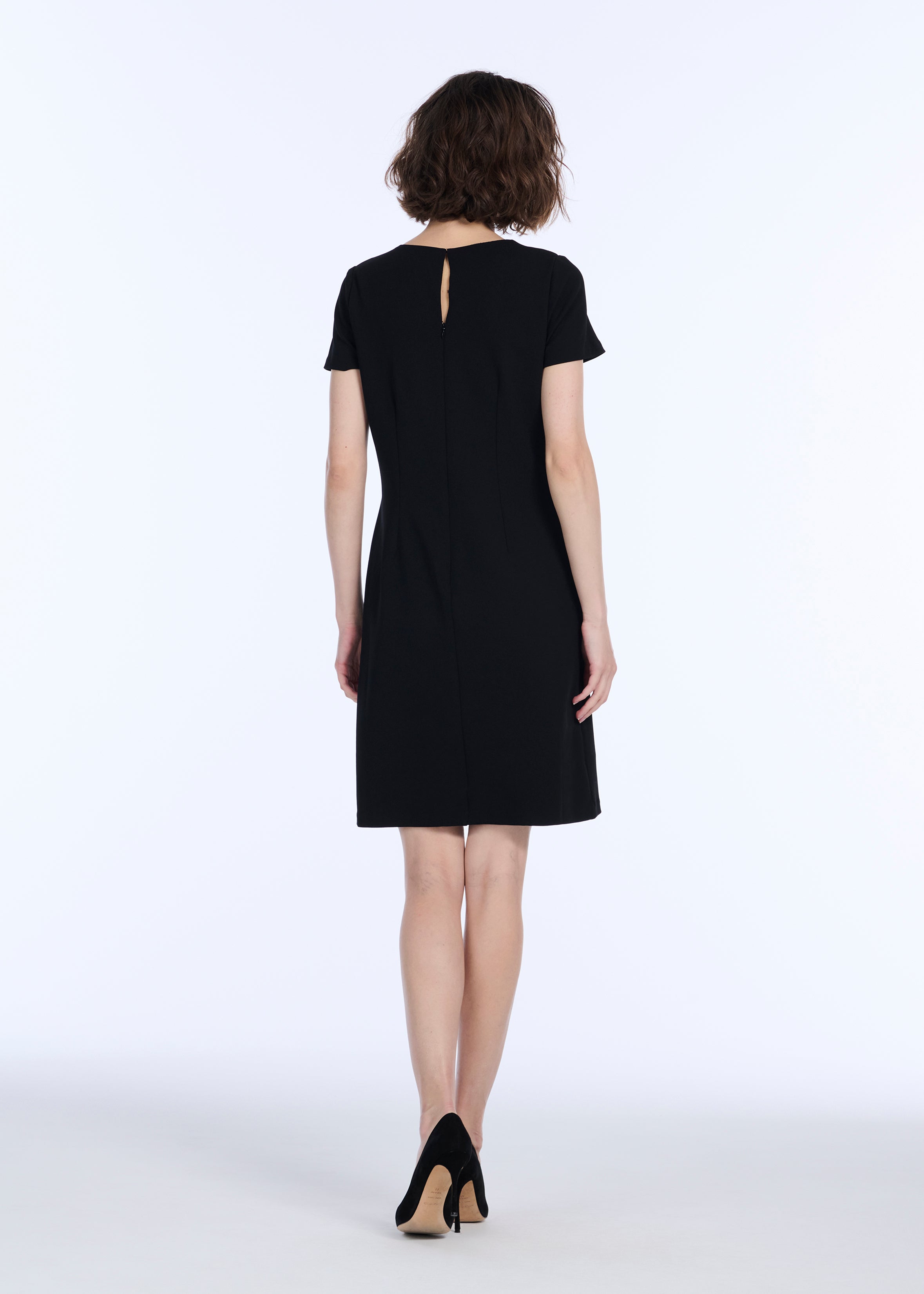STRETCH CREPE SHORT SLEEVE COCKTAIL DRESS WITH CRYSTAL PEONY BLACK