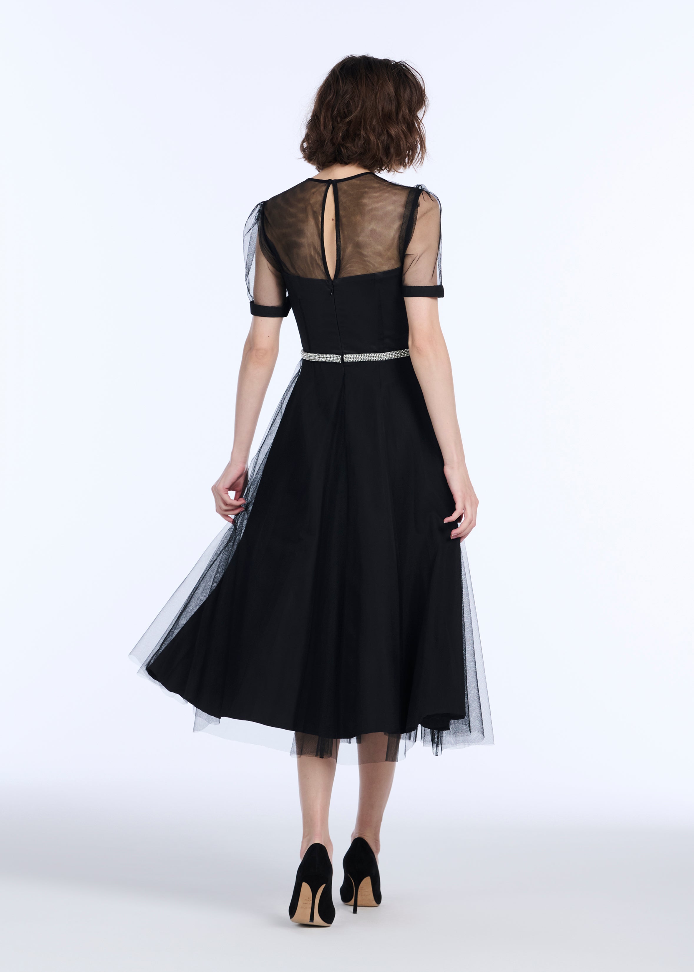 LUXE TULLE TEA LENGTH DRESS WITH CRYSTAL FLOWER AND WAIST TRIM