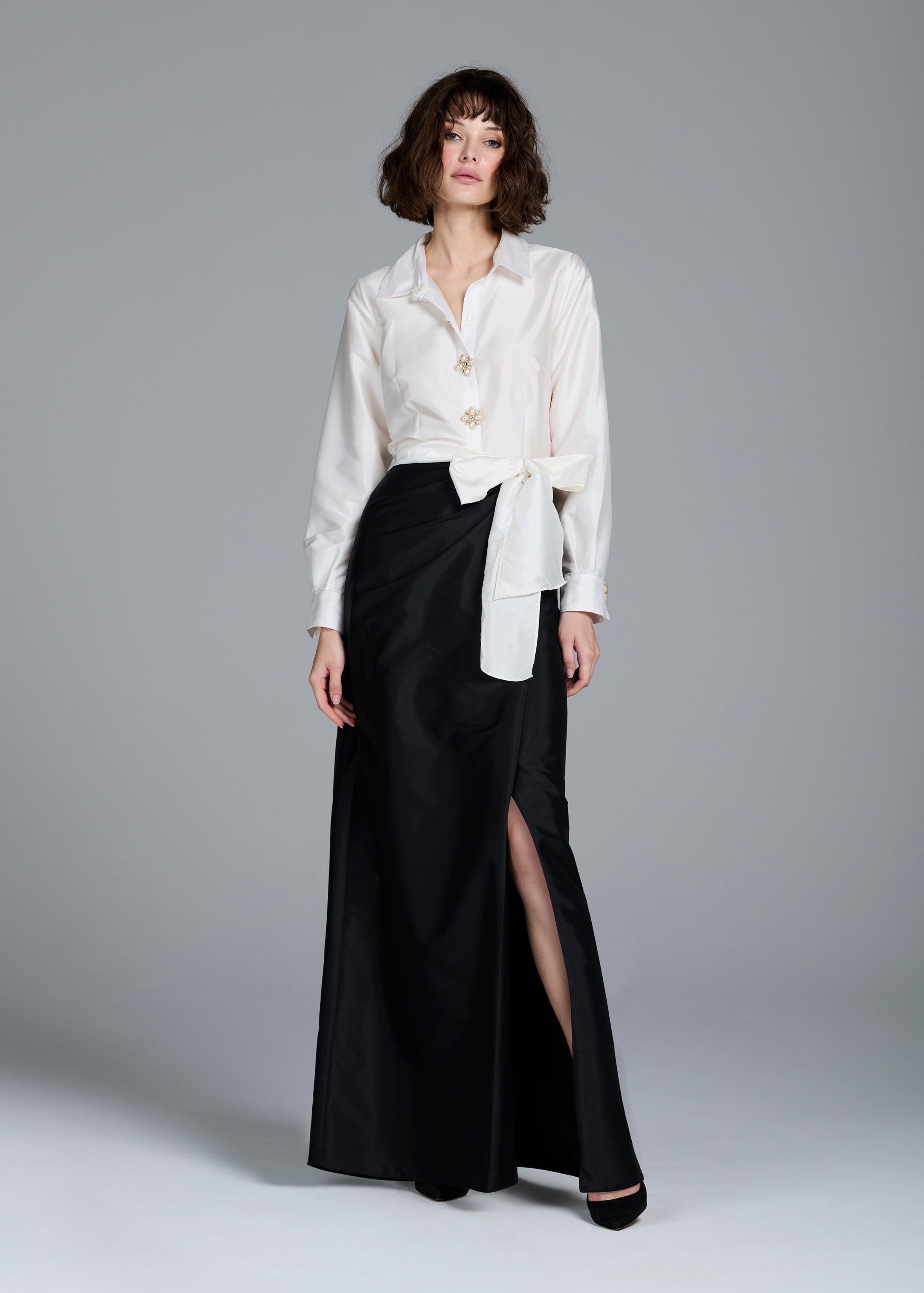SOFT TAFFETA FAUX WRAP SKIRT BLACK