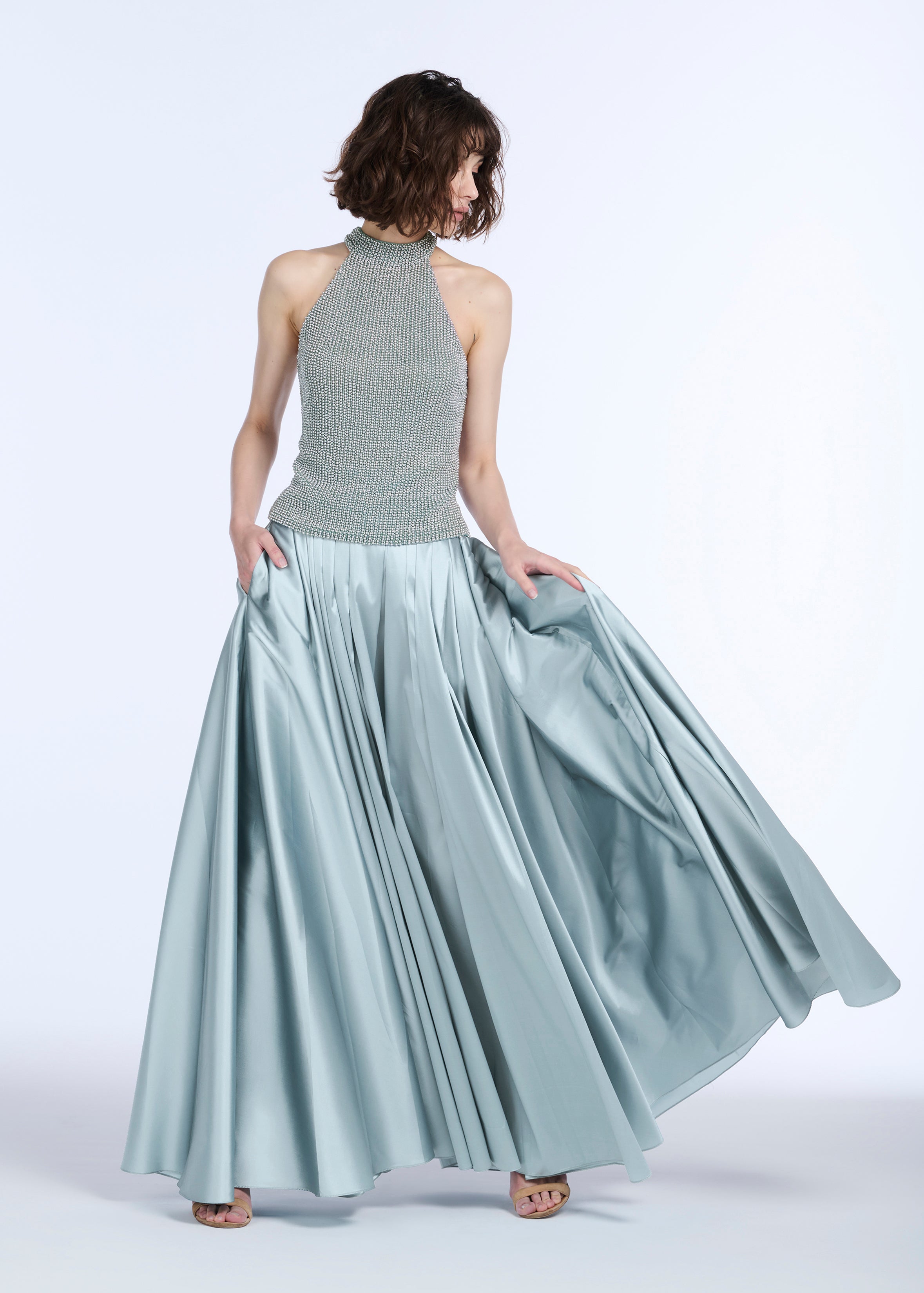 LIGHT BLUE PEARL ENCRUSTED SLEEVELESS MOCK NECK