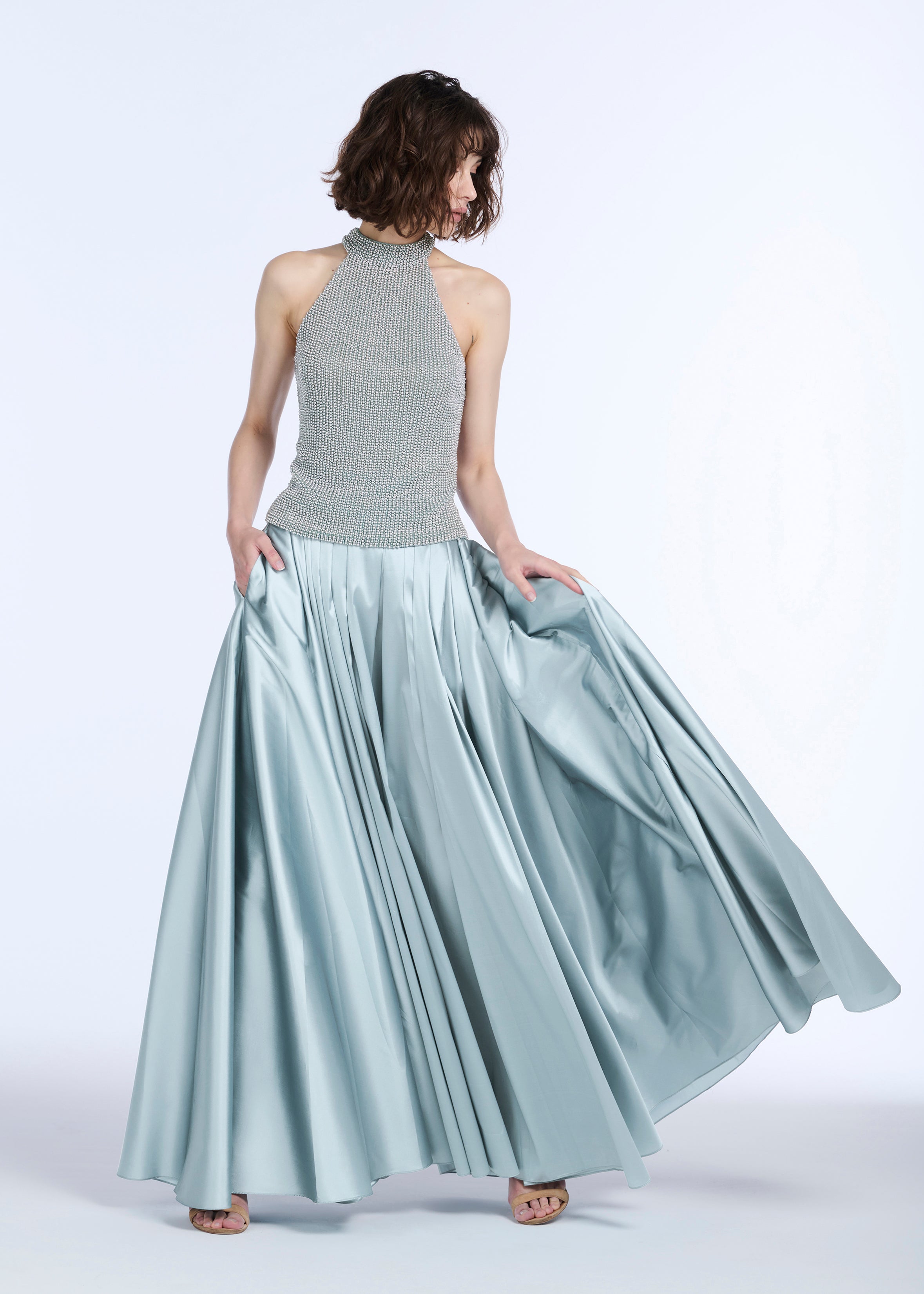 PLEATED SOFT TAFFETA BALLGOWN SKIRT LIGHT BLUE
