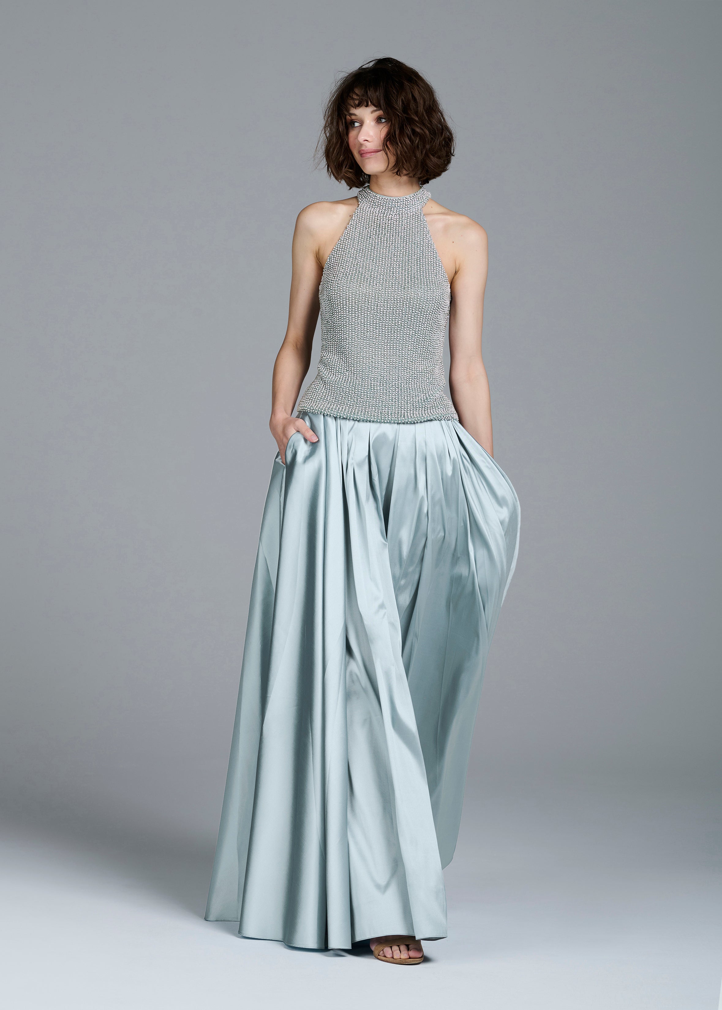 PLEATED SOFT TAFFETA BALLGOWN SKIRT LIGHT BLUE
