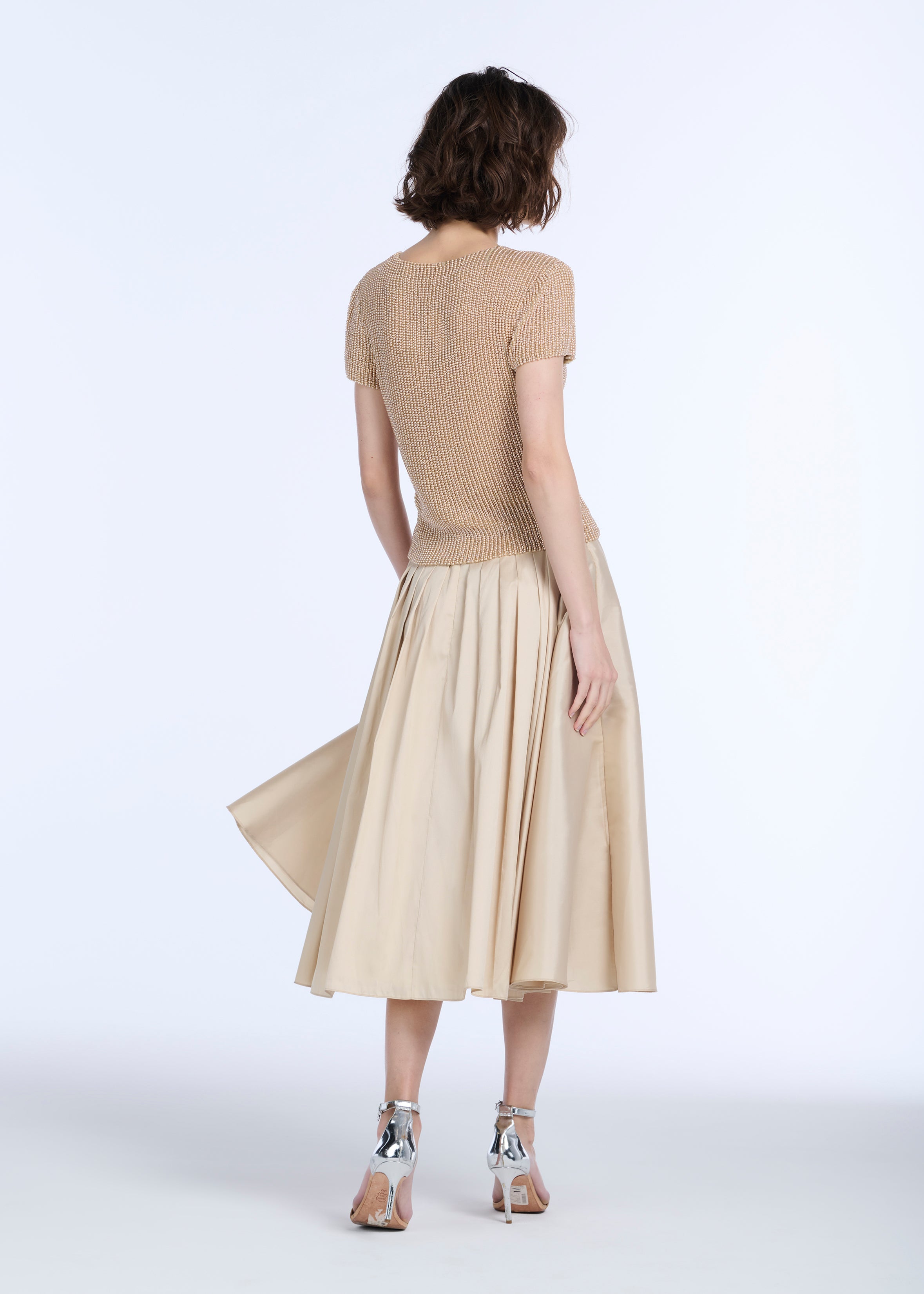 STRETCH PEARL BEADED V-NECK TOP CHAMPAGNE