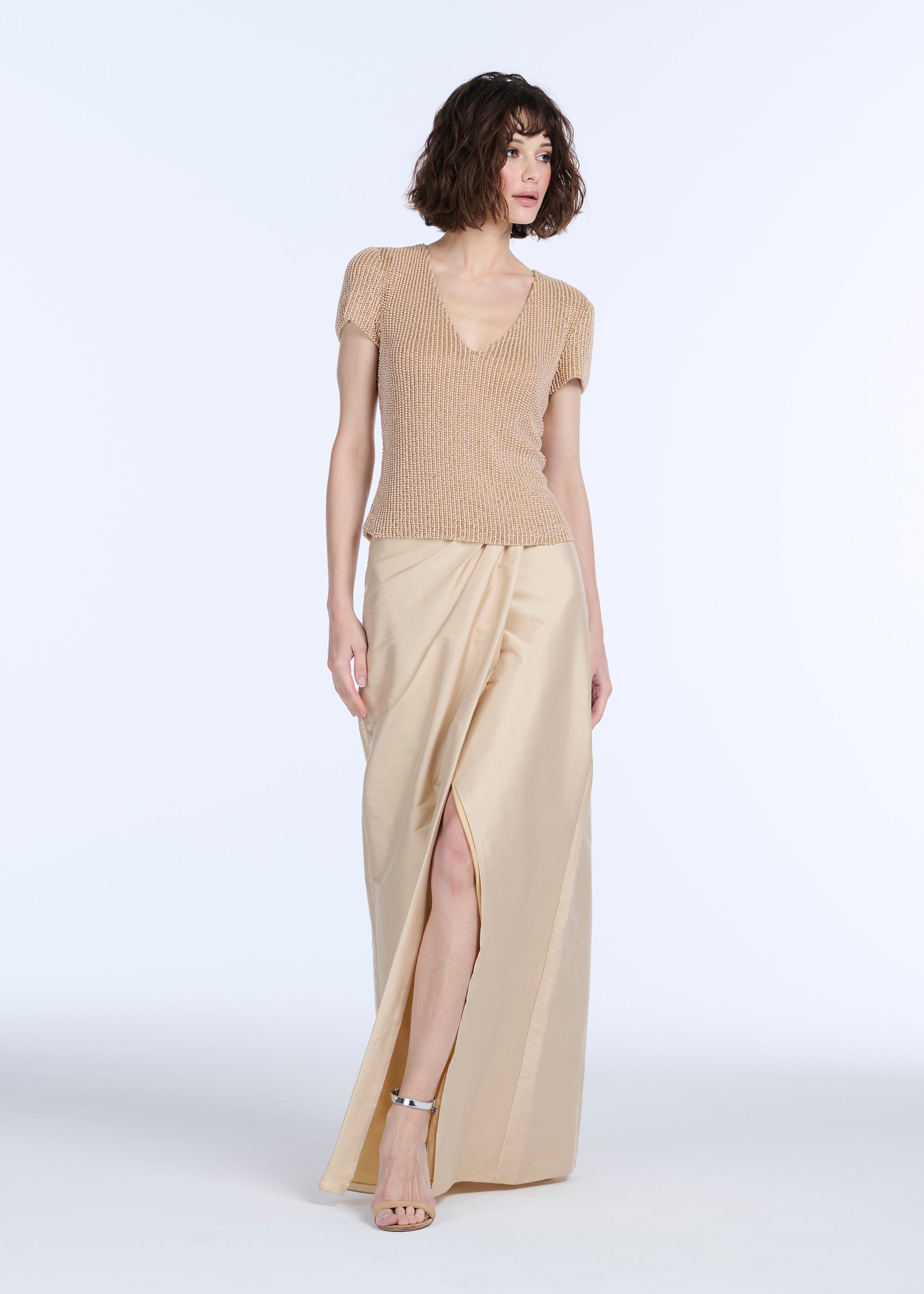 STRETCH PEARL BEADED V-NECK TOP CHAMPAGNE