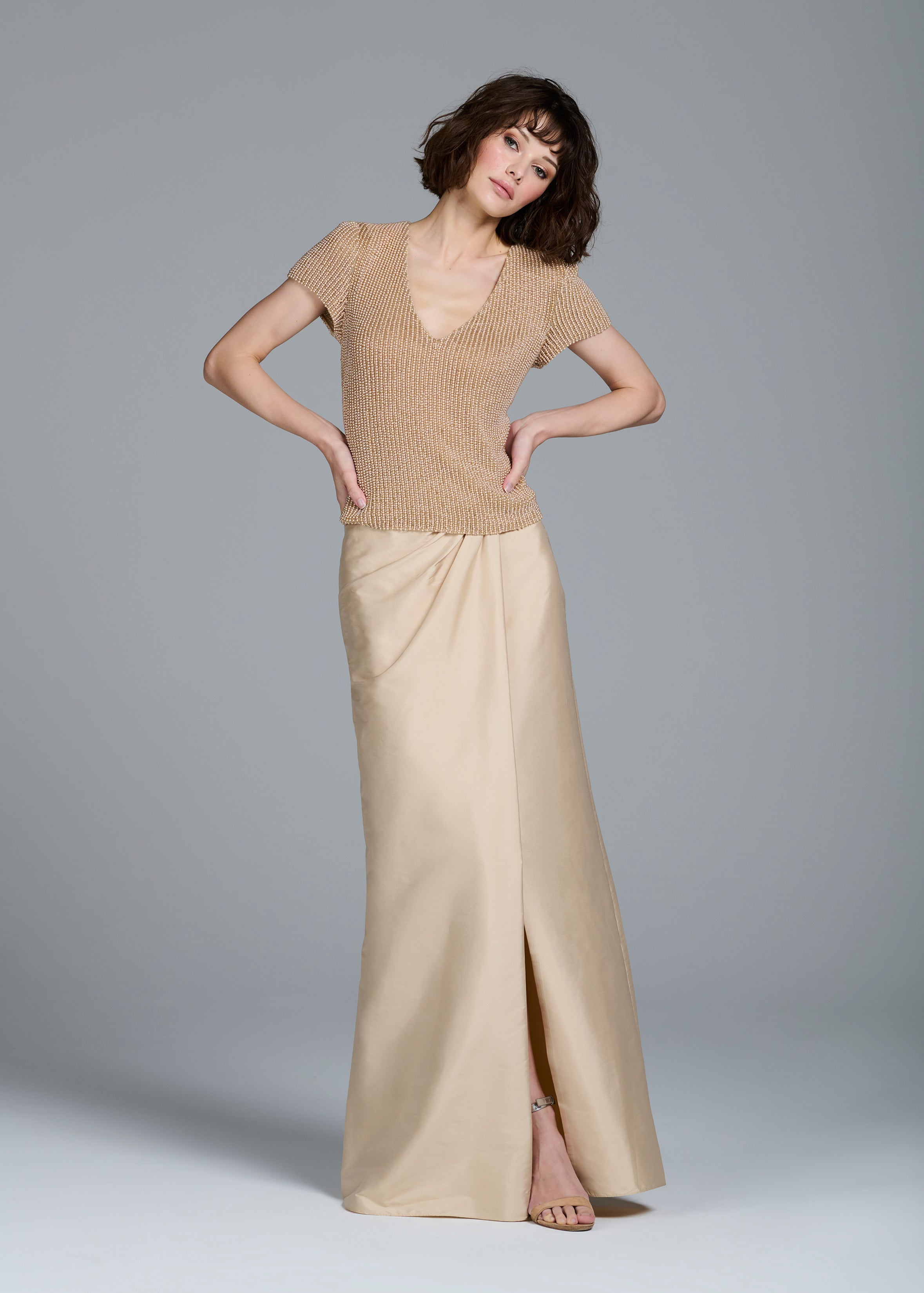 STRETCH PEARL BEADED V-NECK TOP CHAMPAGNE