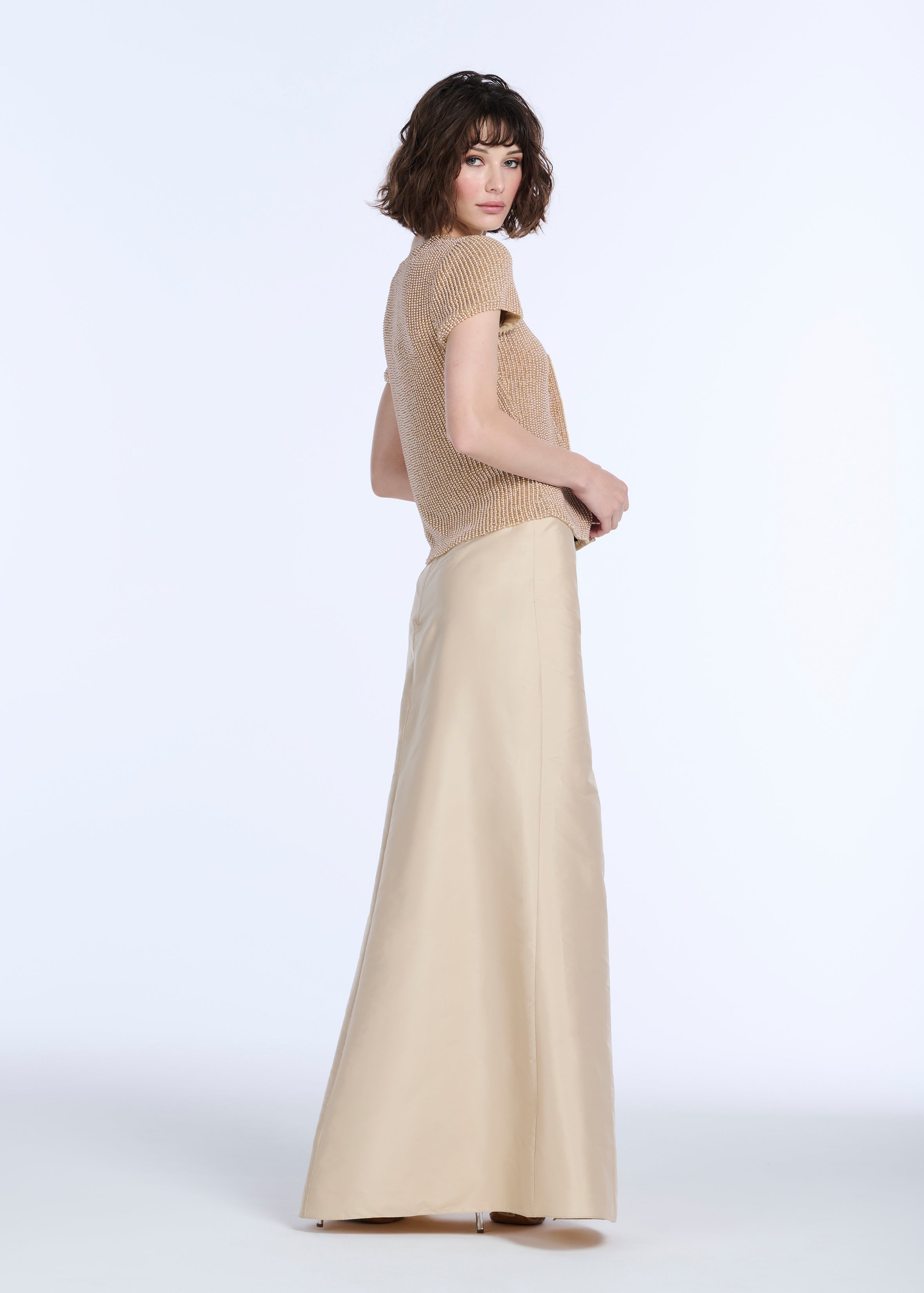 SOFT TAFFETA FAUX WRAP SKIRT CHAMPAGNE