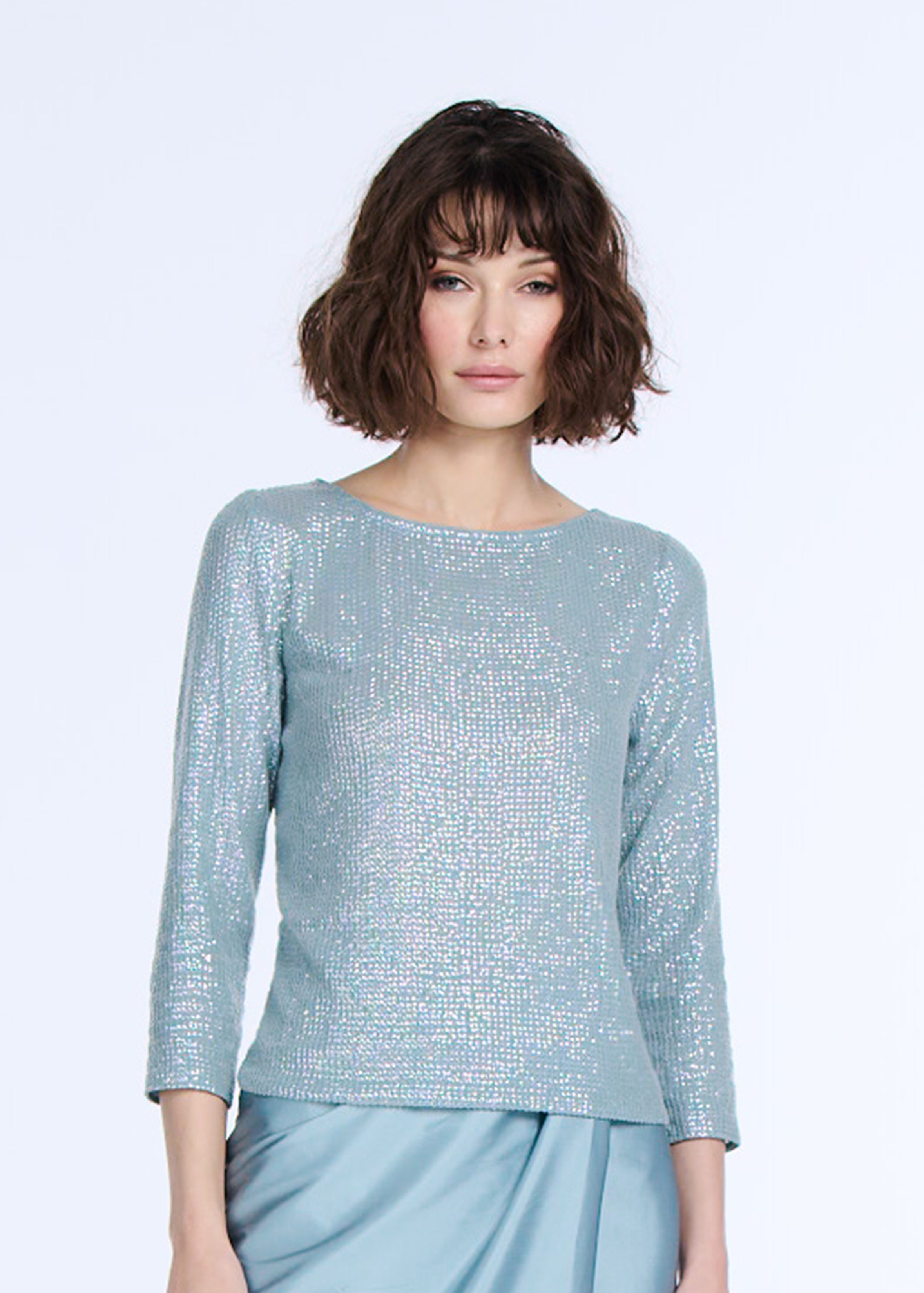 STRETCH SEQUIN 3/4 SLEEVE BALLET NECK TOP SUNTAN