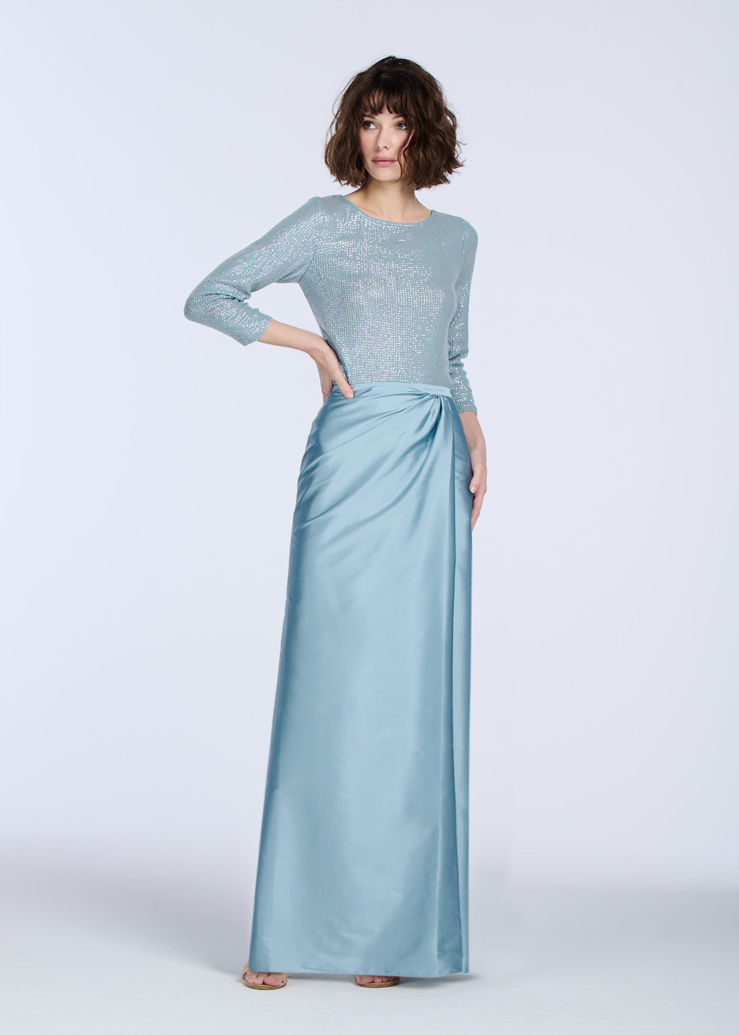 STRETCH SEQUIN 3/4 SLEEVE BALLET NECK TOP LIGHT BLUE