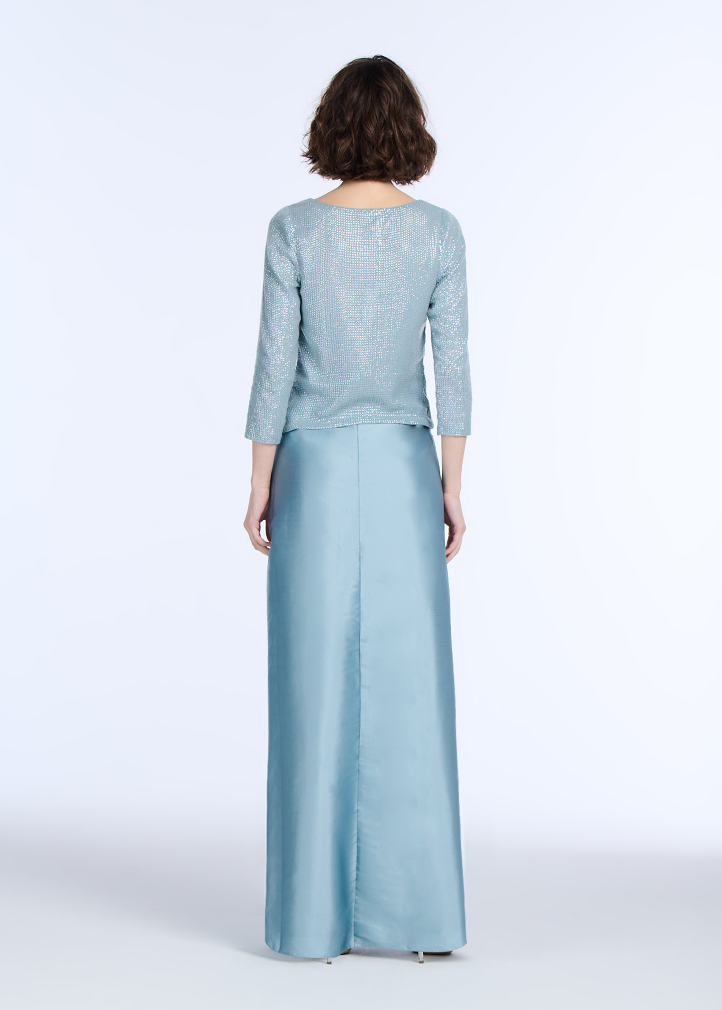 STRETCH SEQUIN 3/4 SLEEVE BALLET NECK TOP LIGHT BLUE