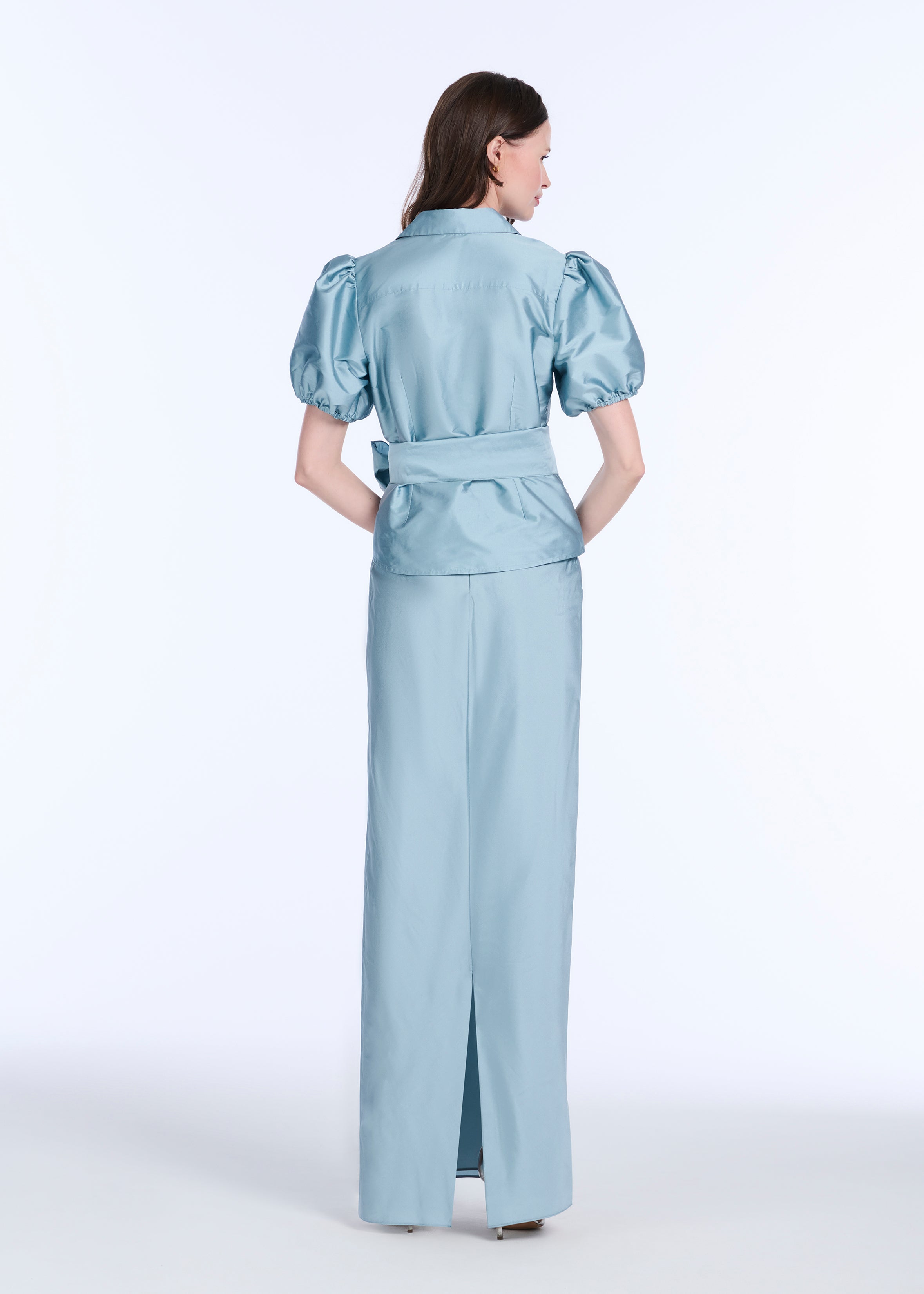 TAFFETA BIAS COLUMN SKIRT WITH SASH BLUSH