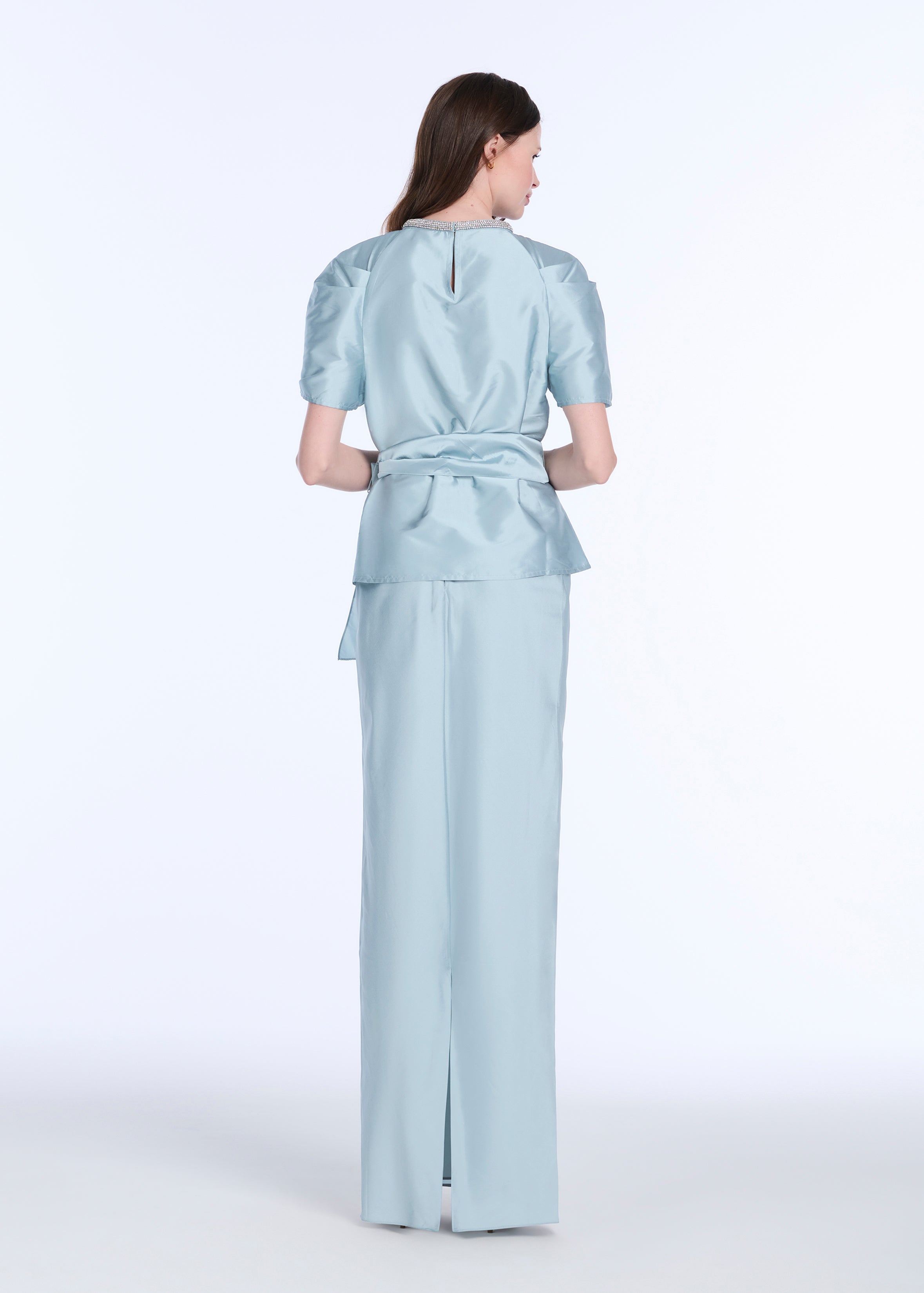 TAFFETA BIAS COLUMN SKIRT WITH SASH LIGHT BLUE