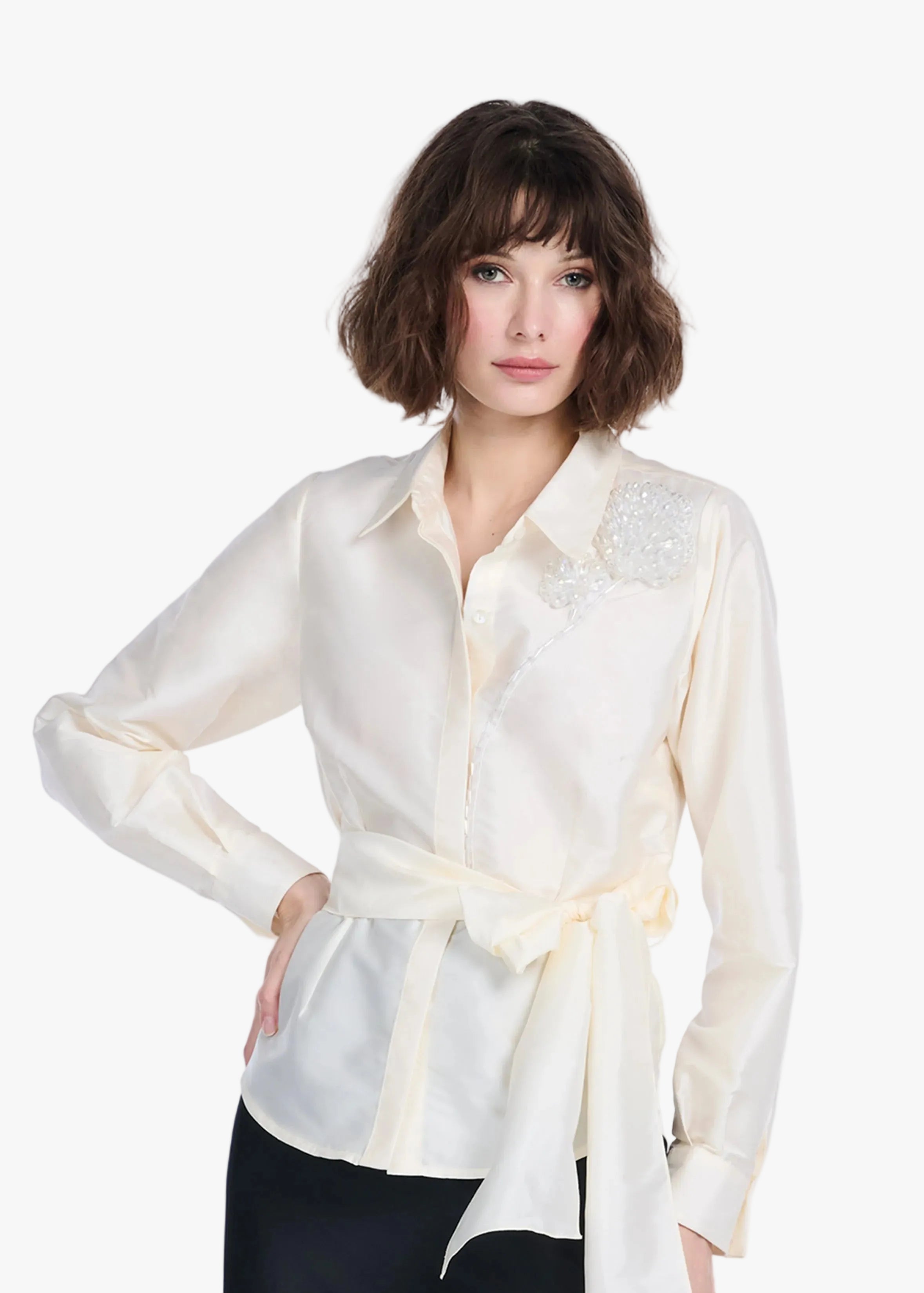 TAFFETA BLOUSE WITH CRYSTAL PEONY LIGHT BLUE