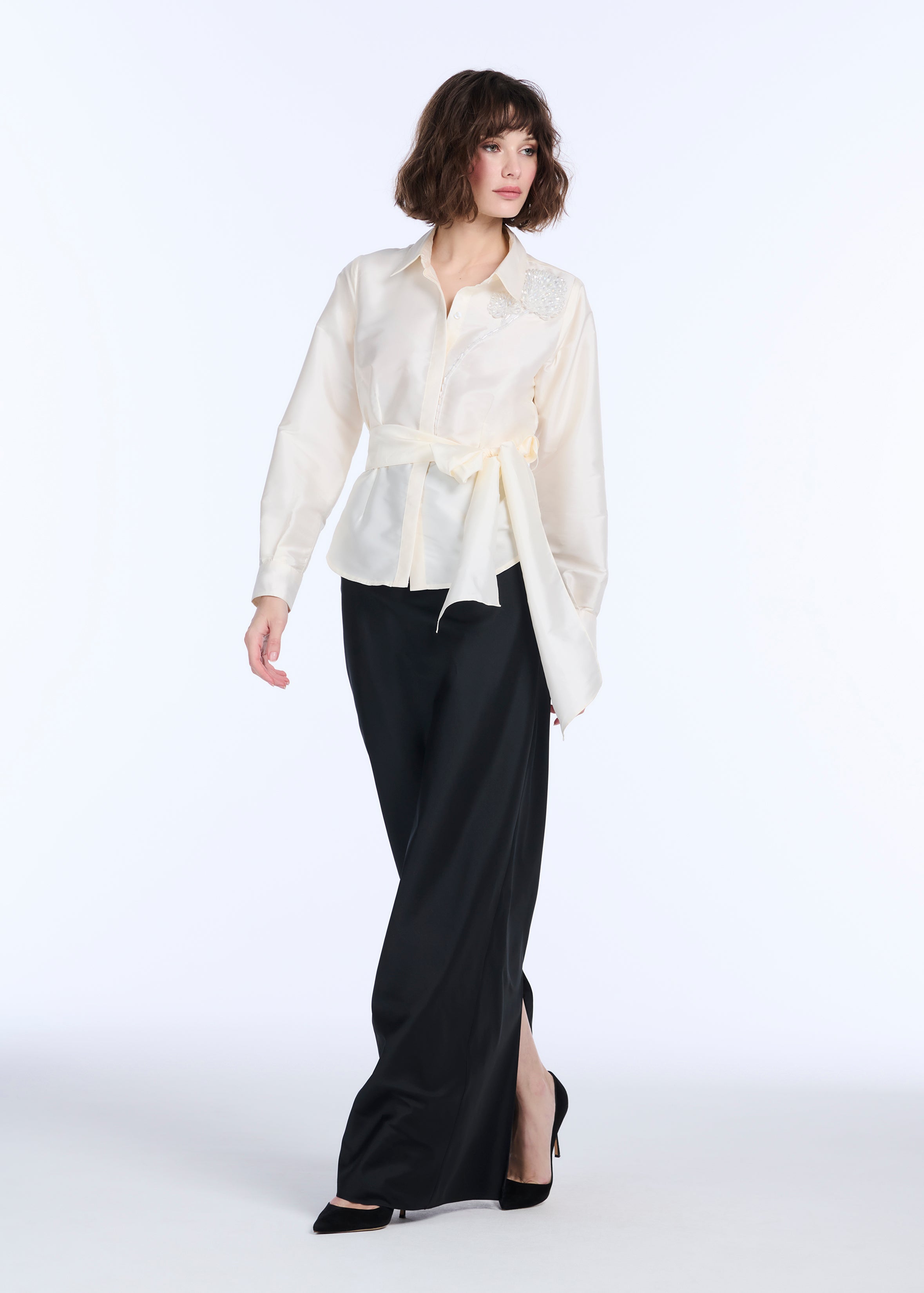 TAFFETA BLOUSE WITH CRYSTAL PEONY IVORY