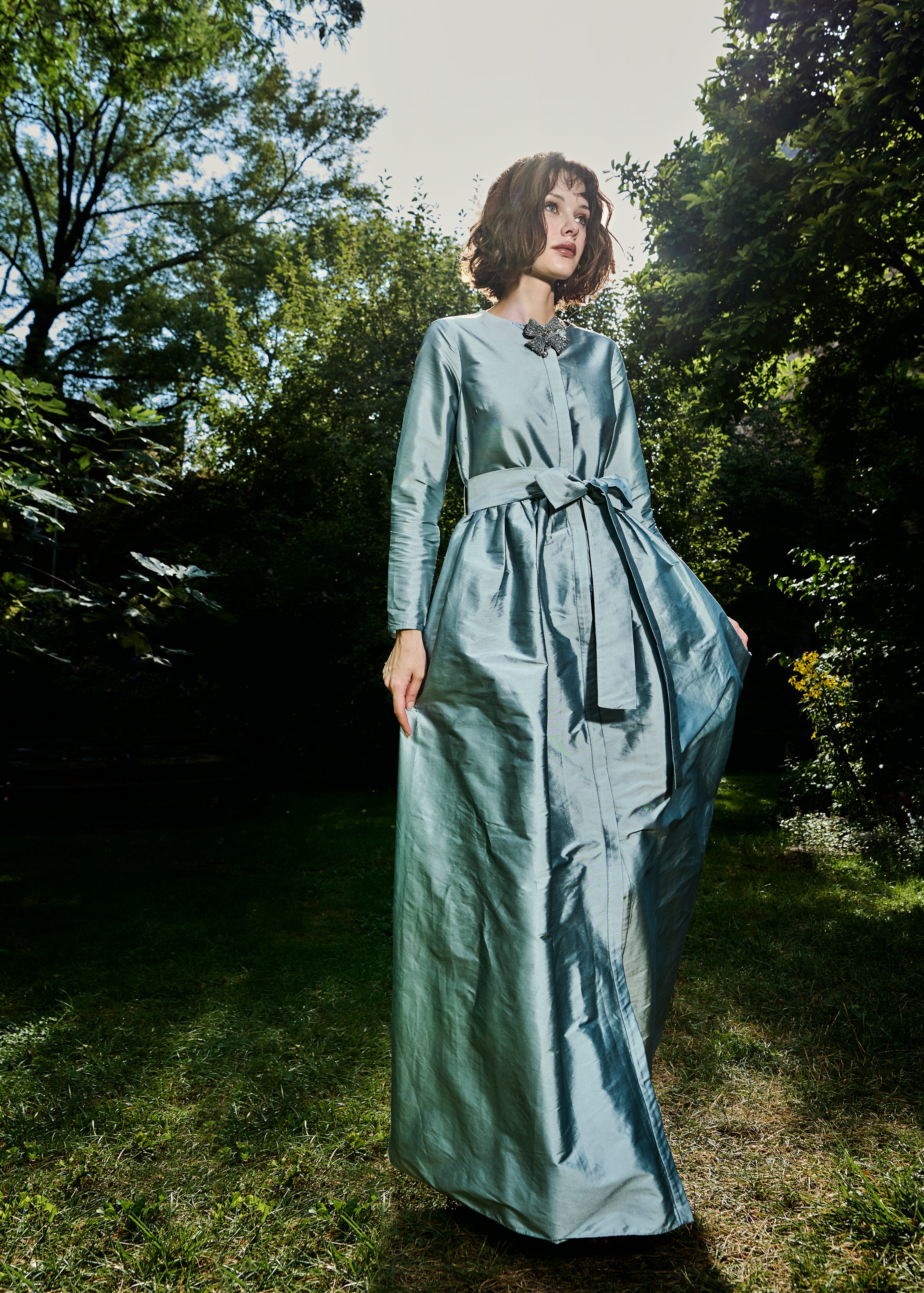 TAFFETA PRINCESS GOWN WITH CRYSTAL BOW LIGHT BLUE