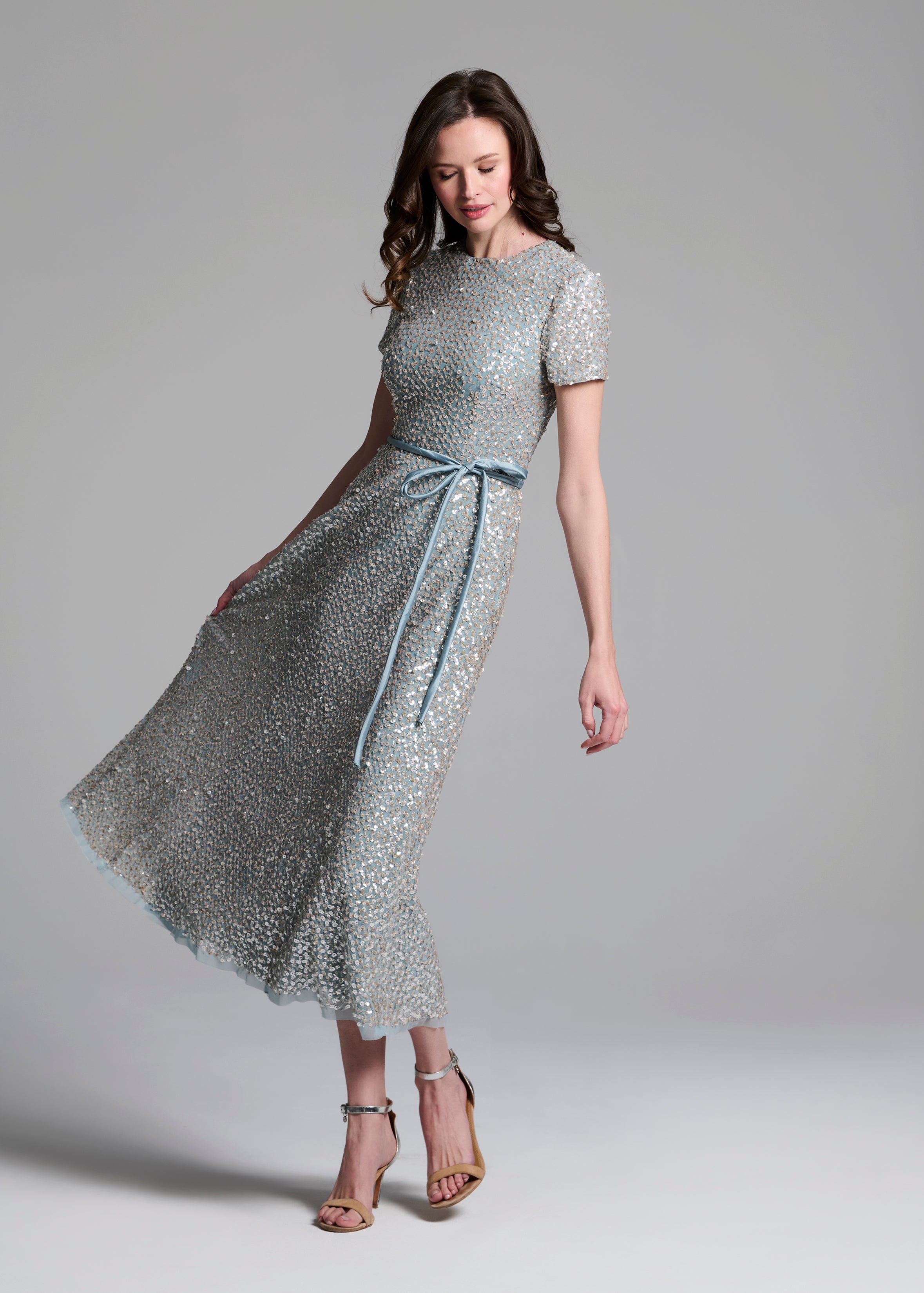 TRANSLUCENT ENCRUSTED SEQUIN DRESS LIGHT BLUE