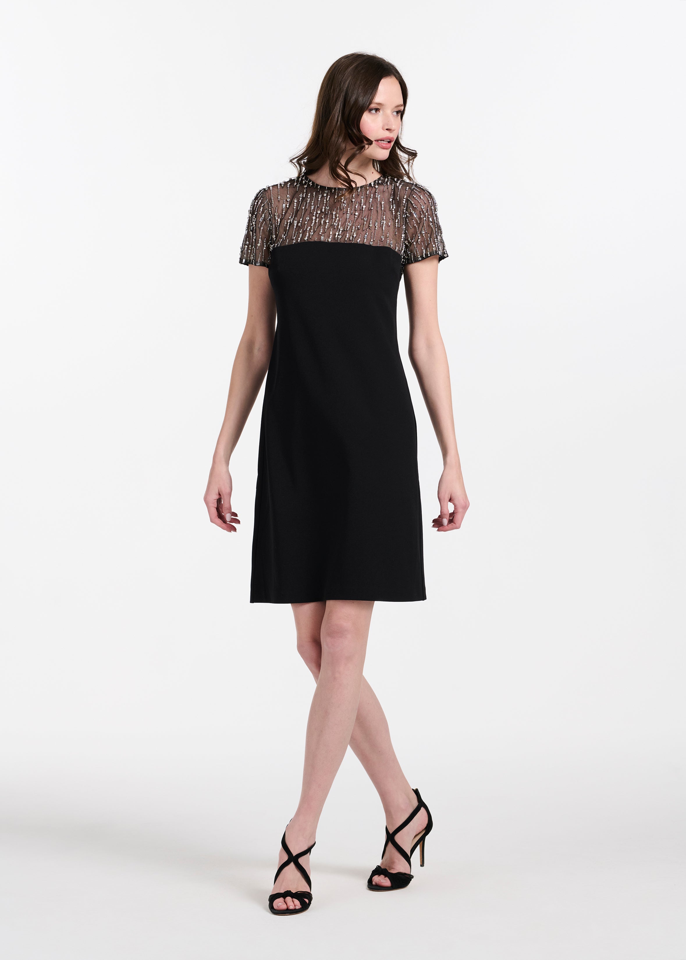 CRYSTAL ILLUSION STRETCH CREPE MINI DRESS BLACK