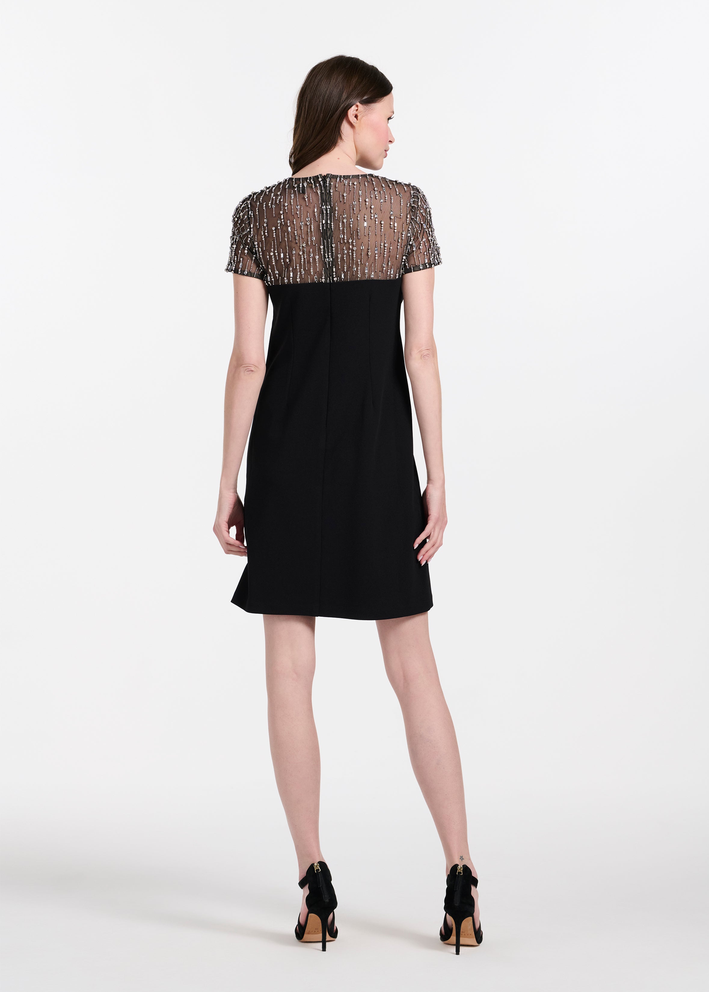 CRYSTAL ILLUSION STRETCH CREPE MINI DRESS BLACK