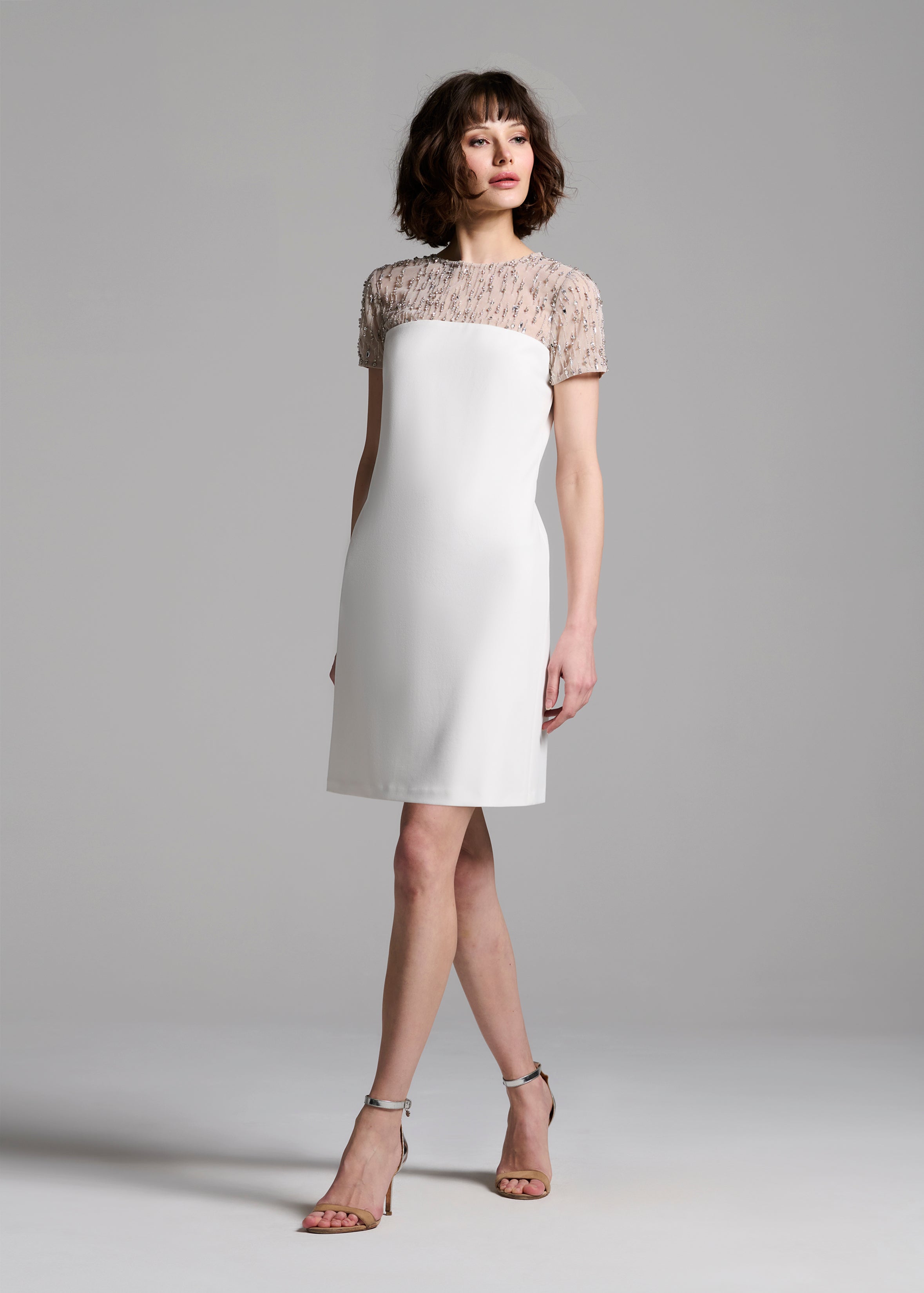 CRYSTAL ILLUSION STRETCH CREPE MINI DRESS BLACK