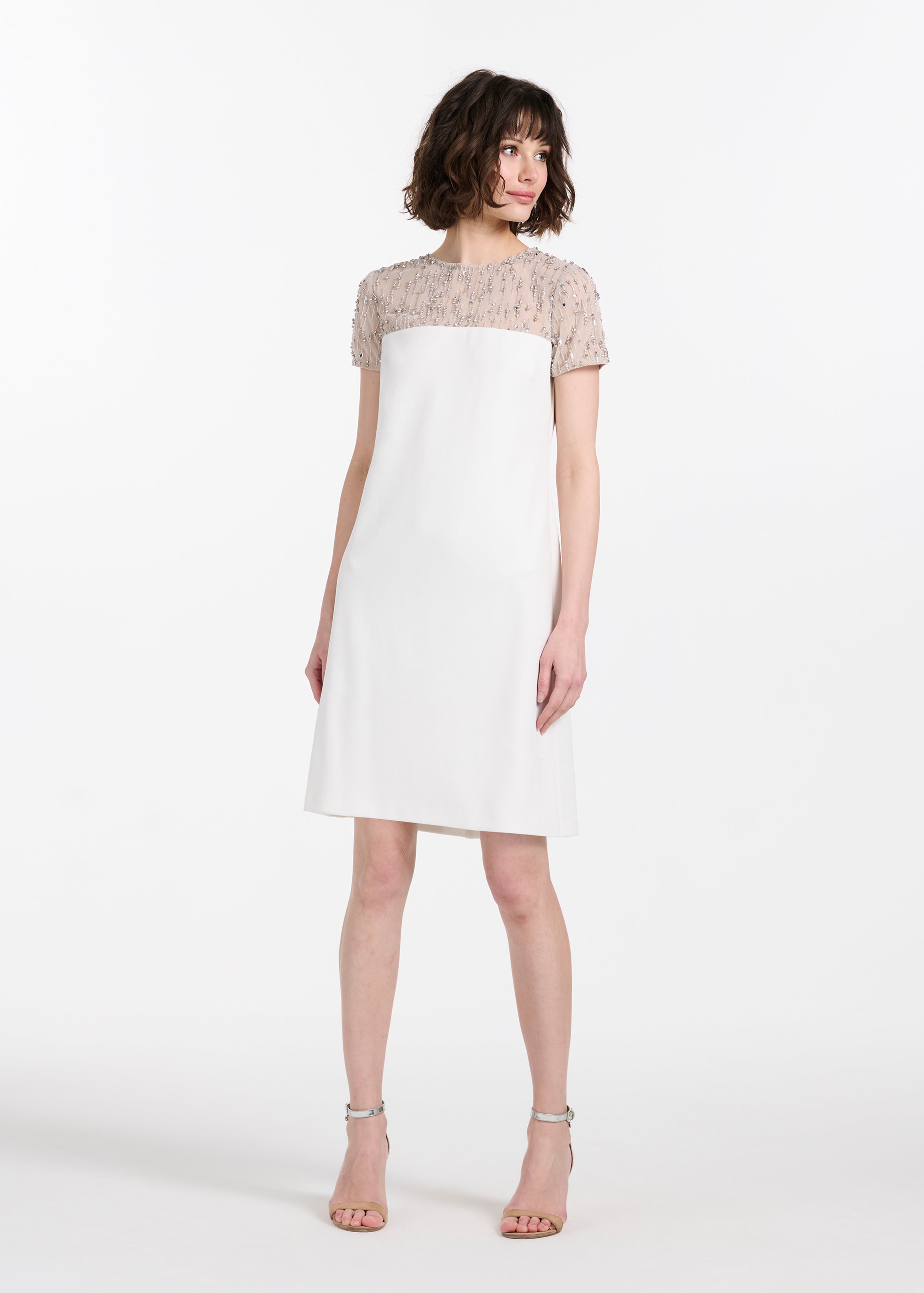 CRYSTAL ILLUSION STRETCH CREPE MINI DRESS BLACK