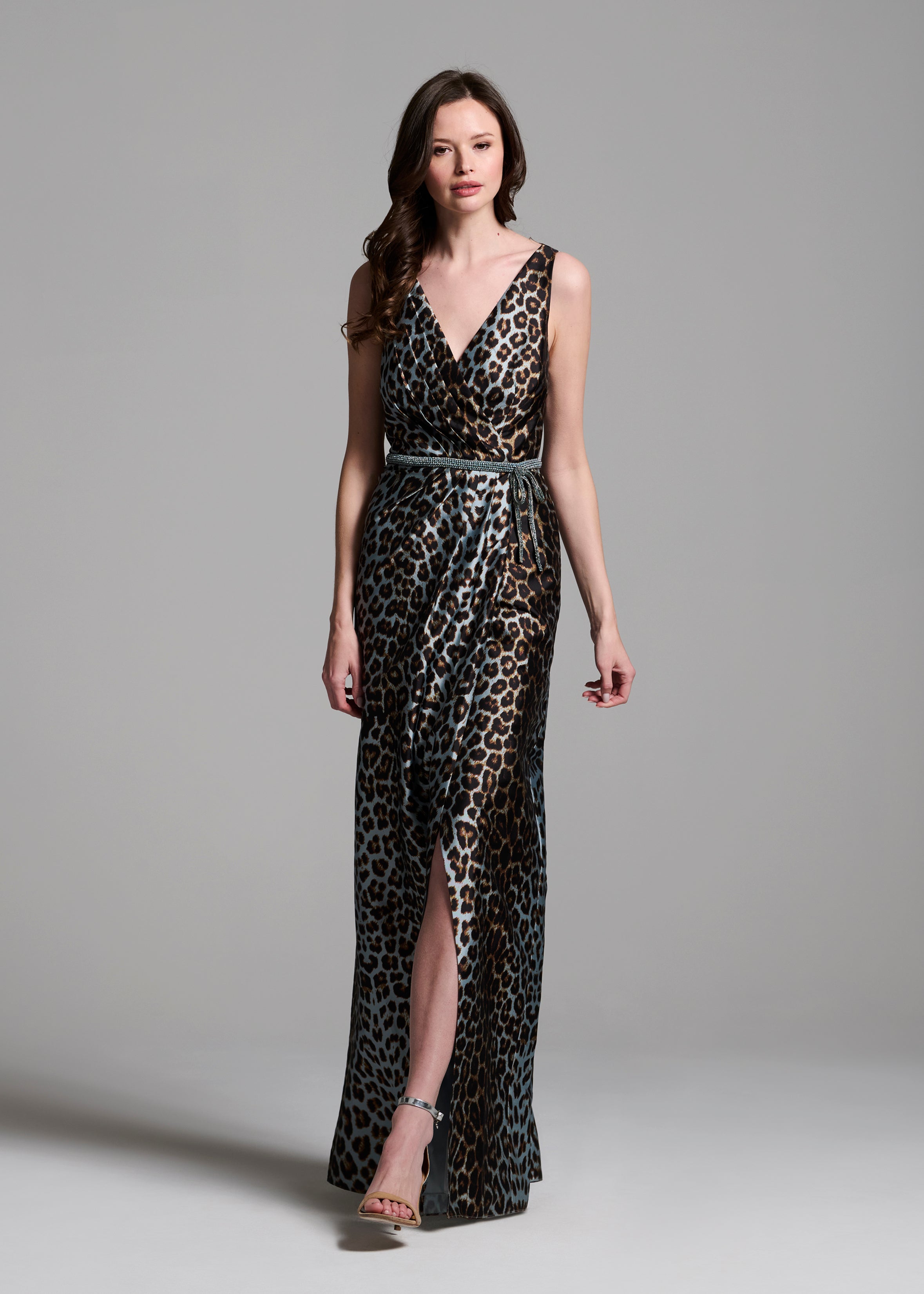 TAFFETA ANIMAL SURPLICE GOWN WITH CRYSTAL TRIM