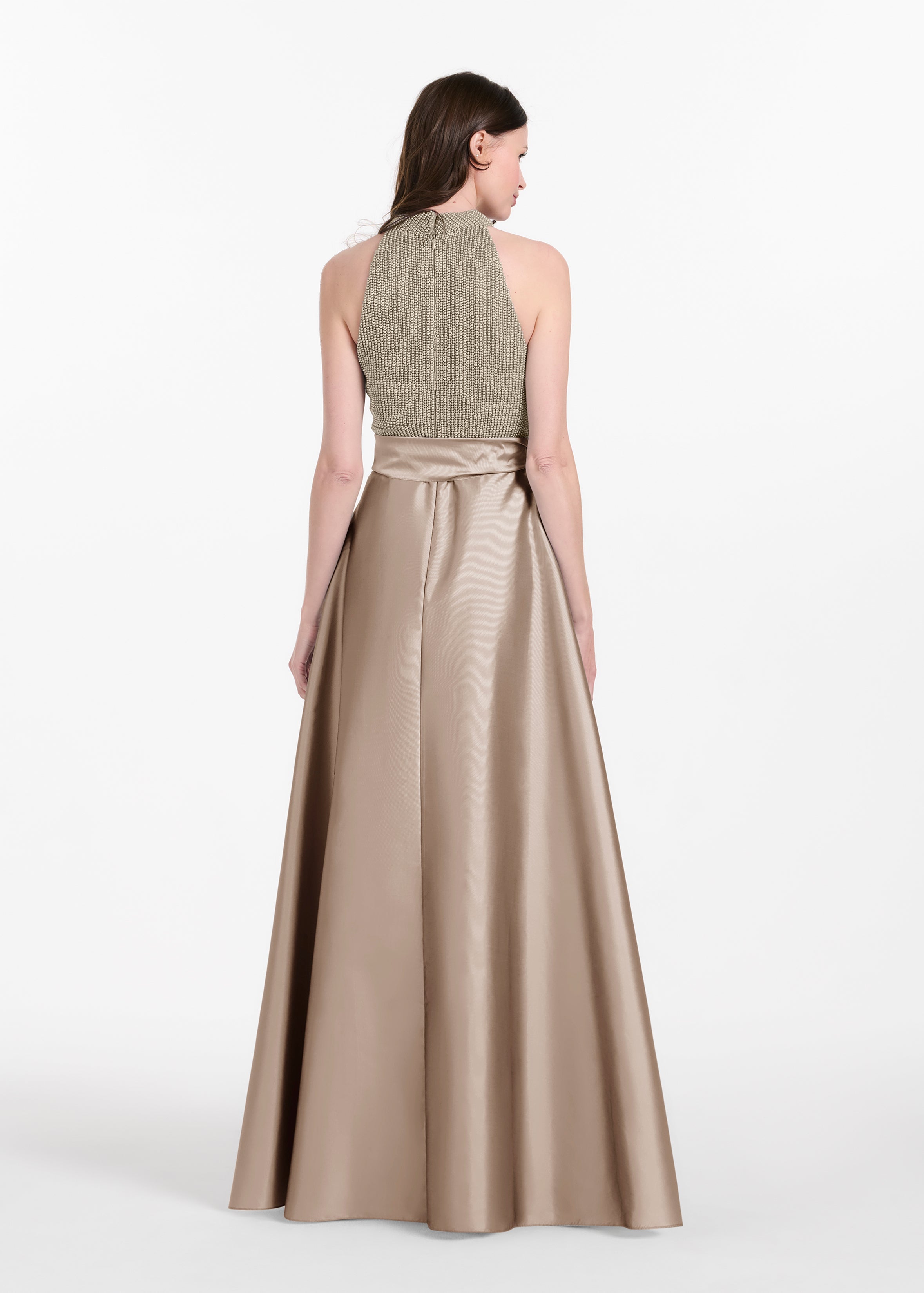 PEARL MOCK NECK TAFFETA GOWN SILVER-SUNTAN